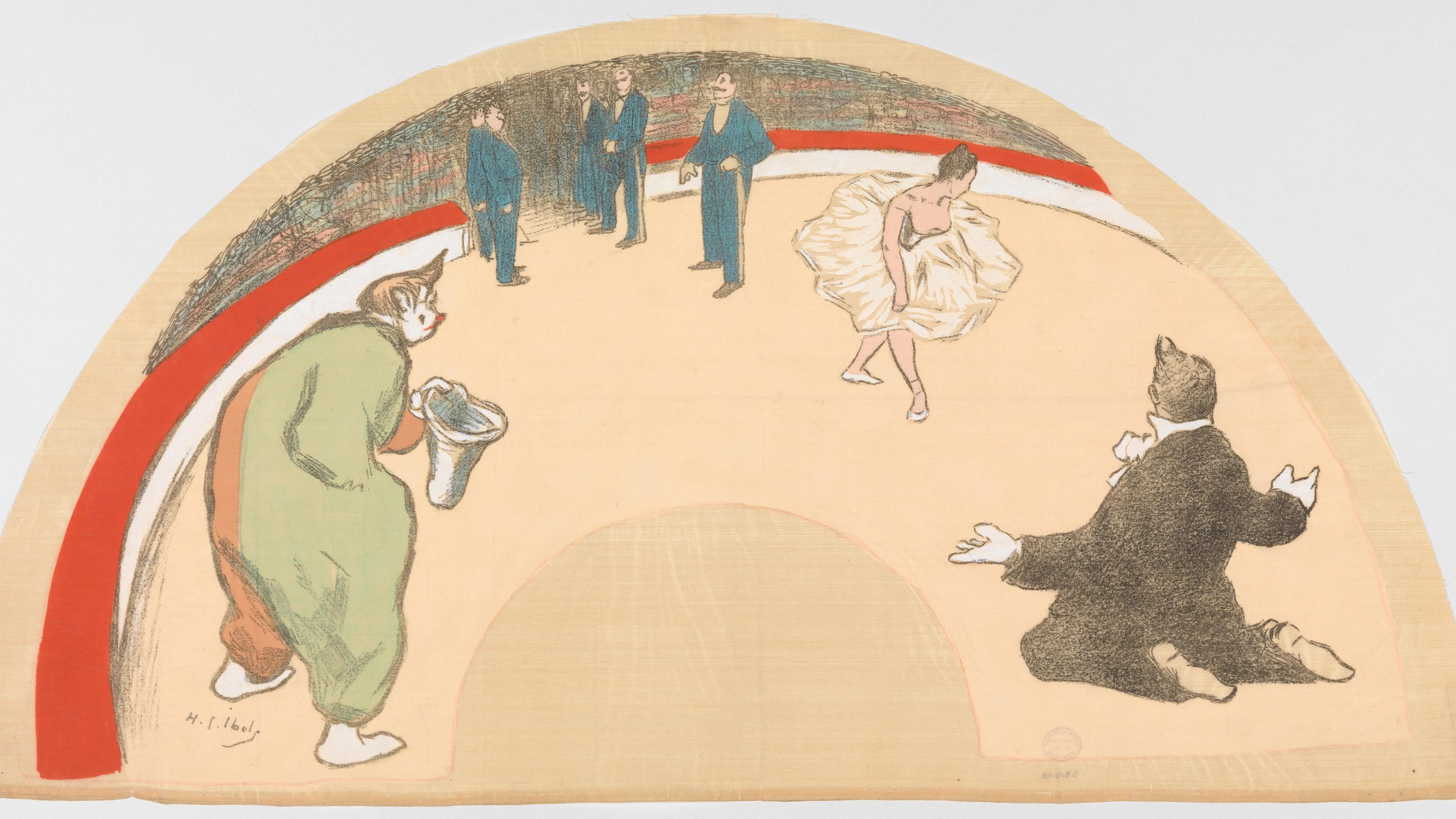 Illustration of a circus ring with performers and a dancer in a tutu. A clown and a seated man watch, conveying a lively, comedic atmosphere.