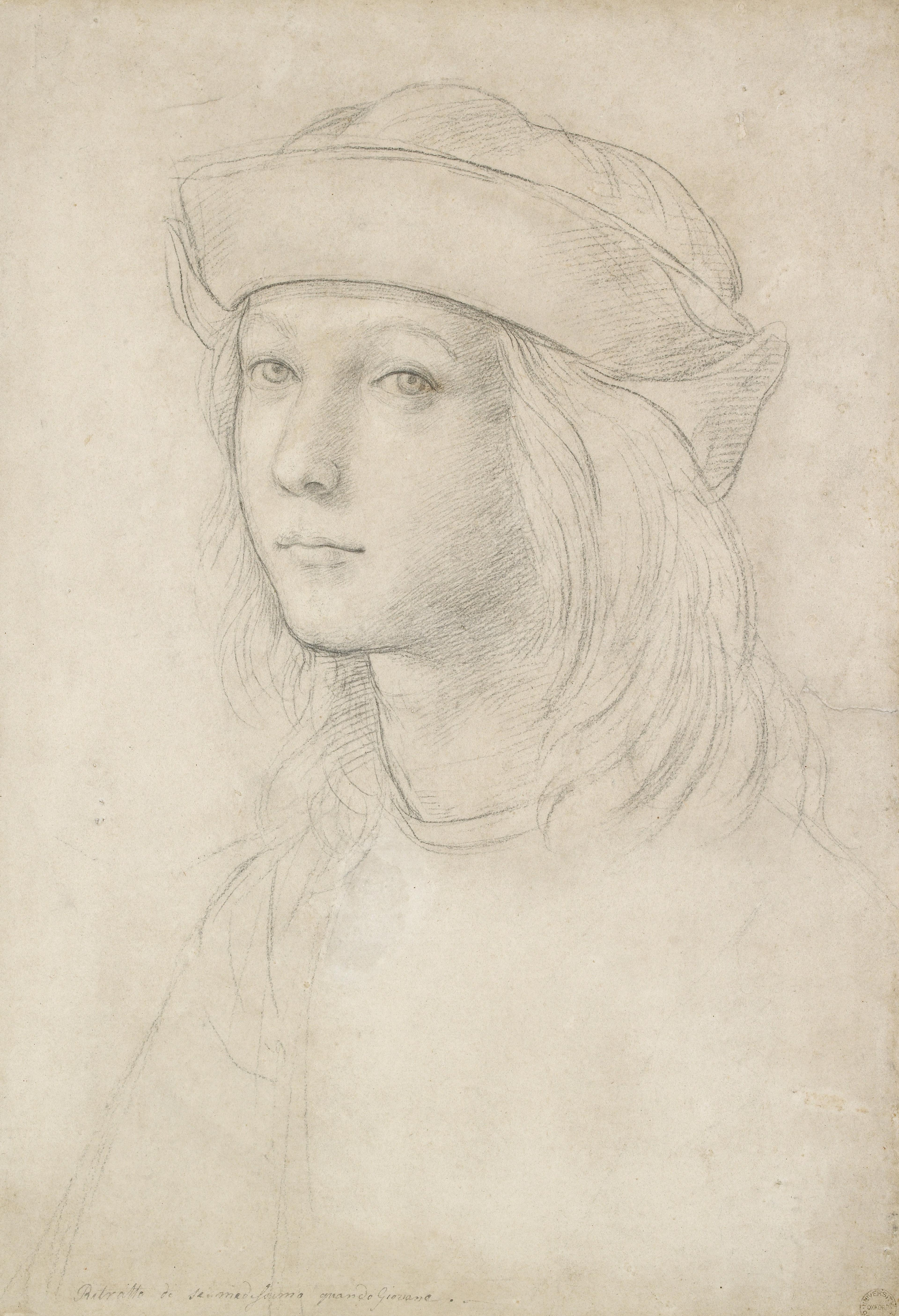 Black and white drawing of a young boy with long hair, thought to be Raffaello Sanzio da Urbino.