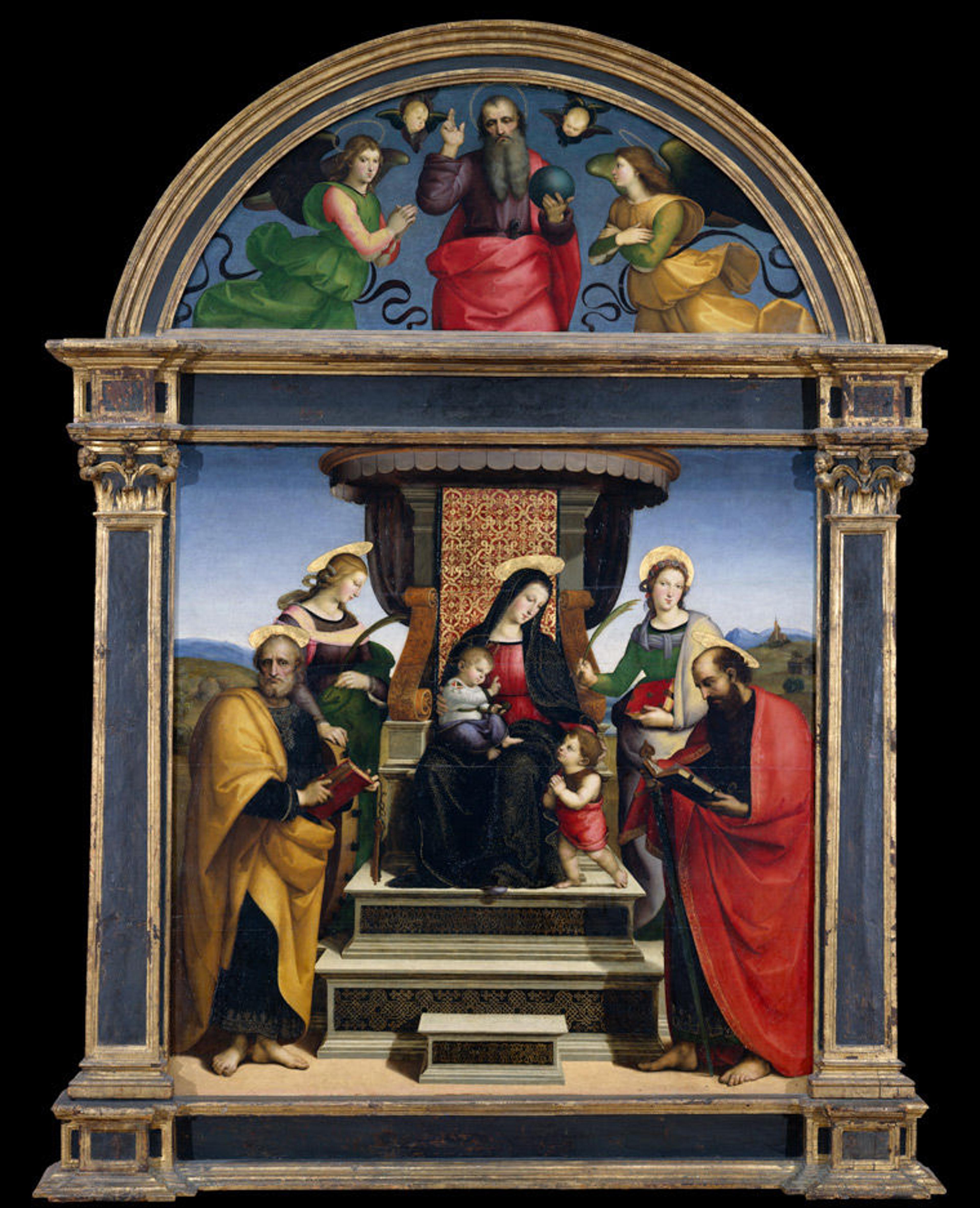 An altarpiece by Raphael depicting Madonna with the baby Jesus on a throne surrounded by saints in brightly colored robes