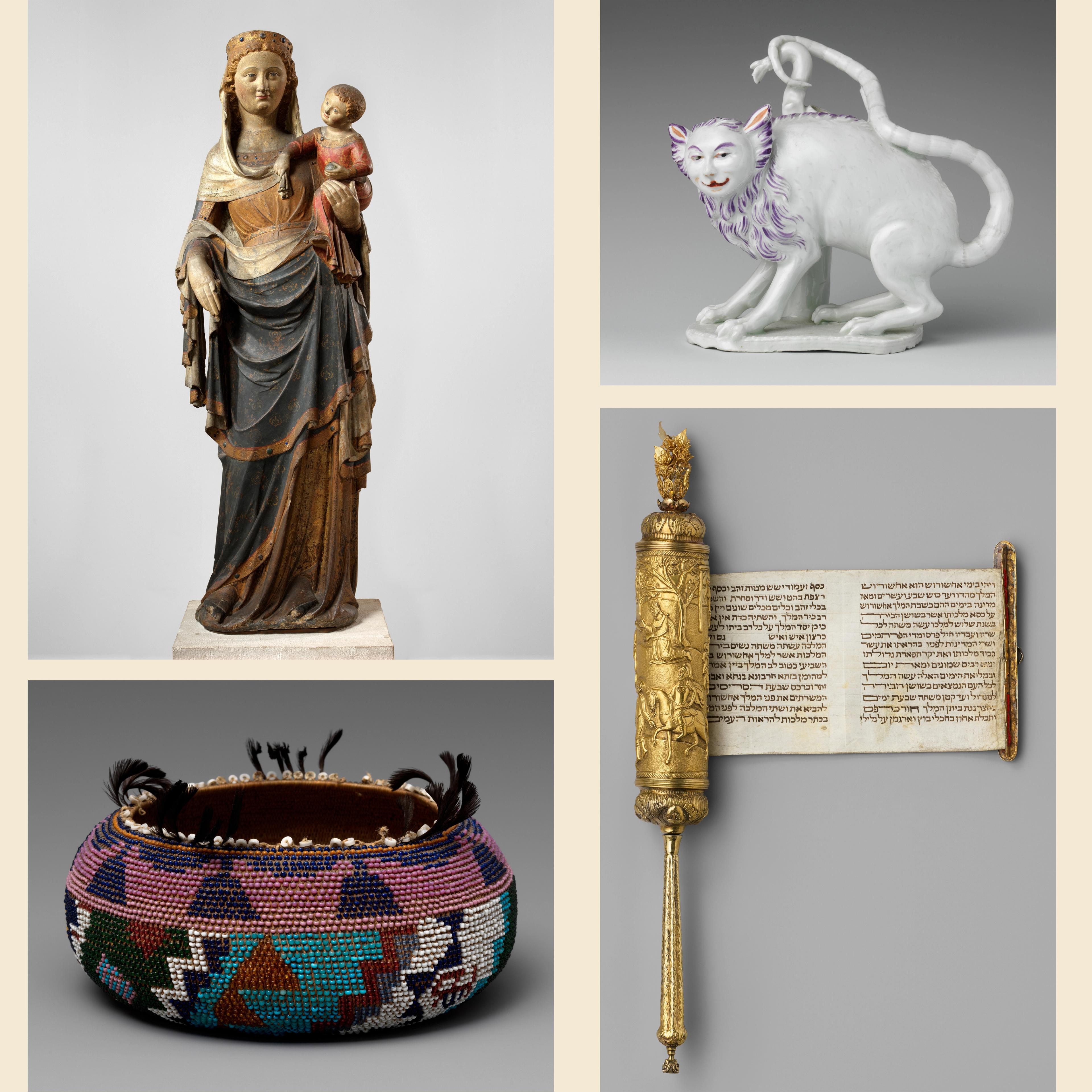 collage of four images at top left a porcelain cat like figure at bottom left a woven basket at center a sculpture of the virgin mary and child and at right a golden scroll