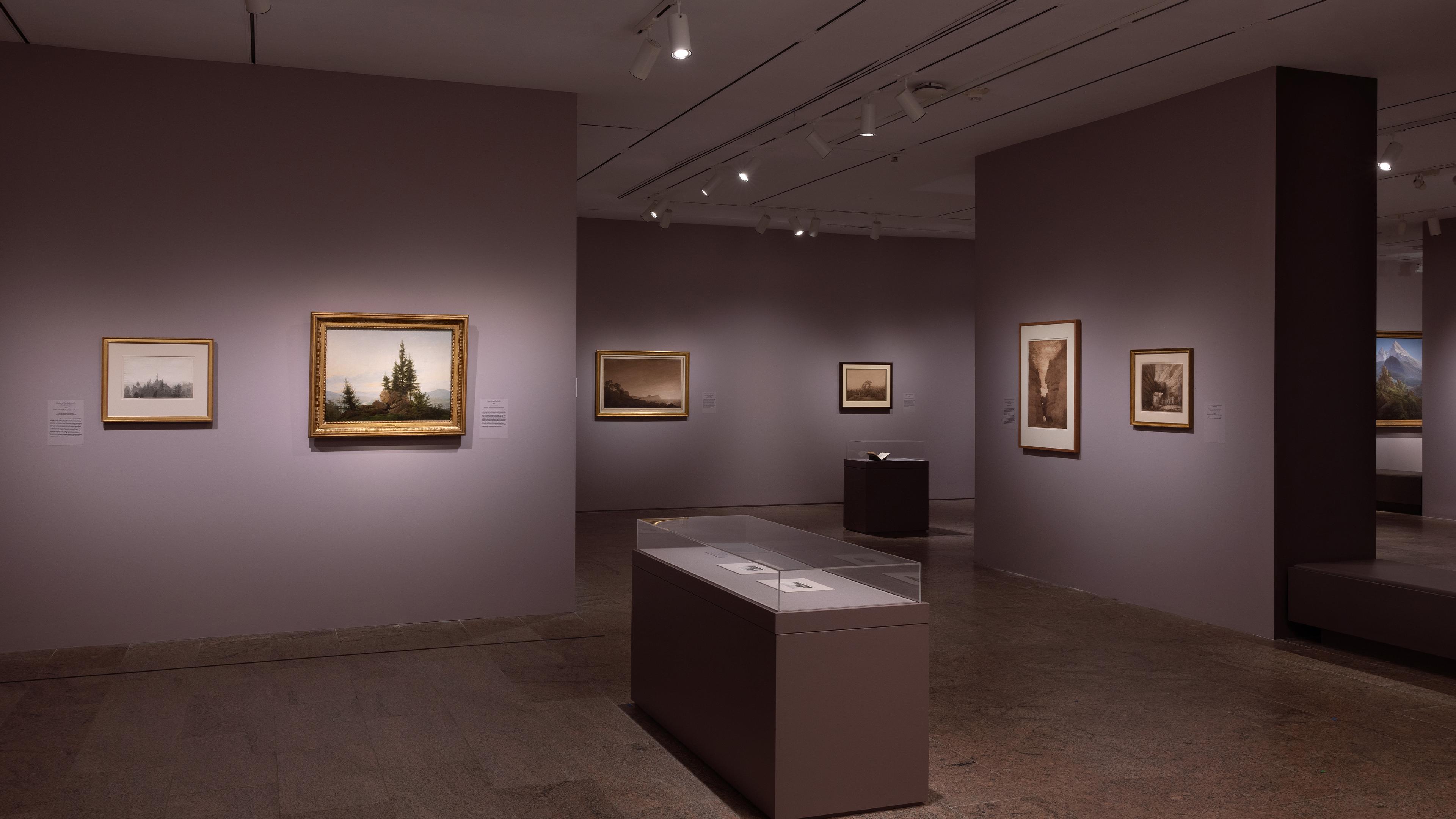 Wall gallery view with paintings hanging on the walls.