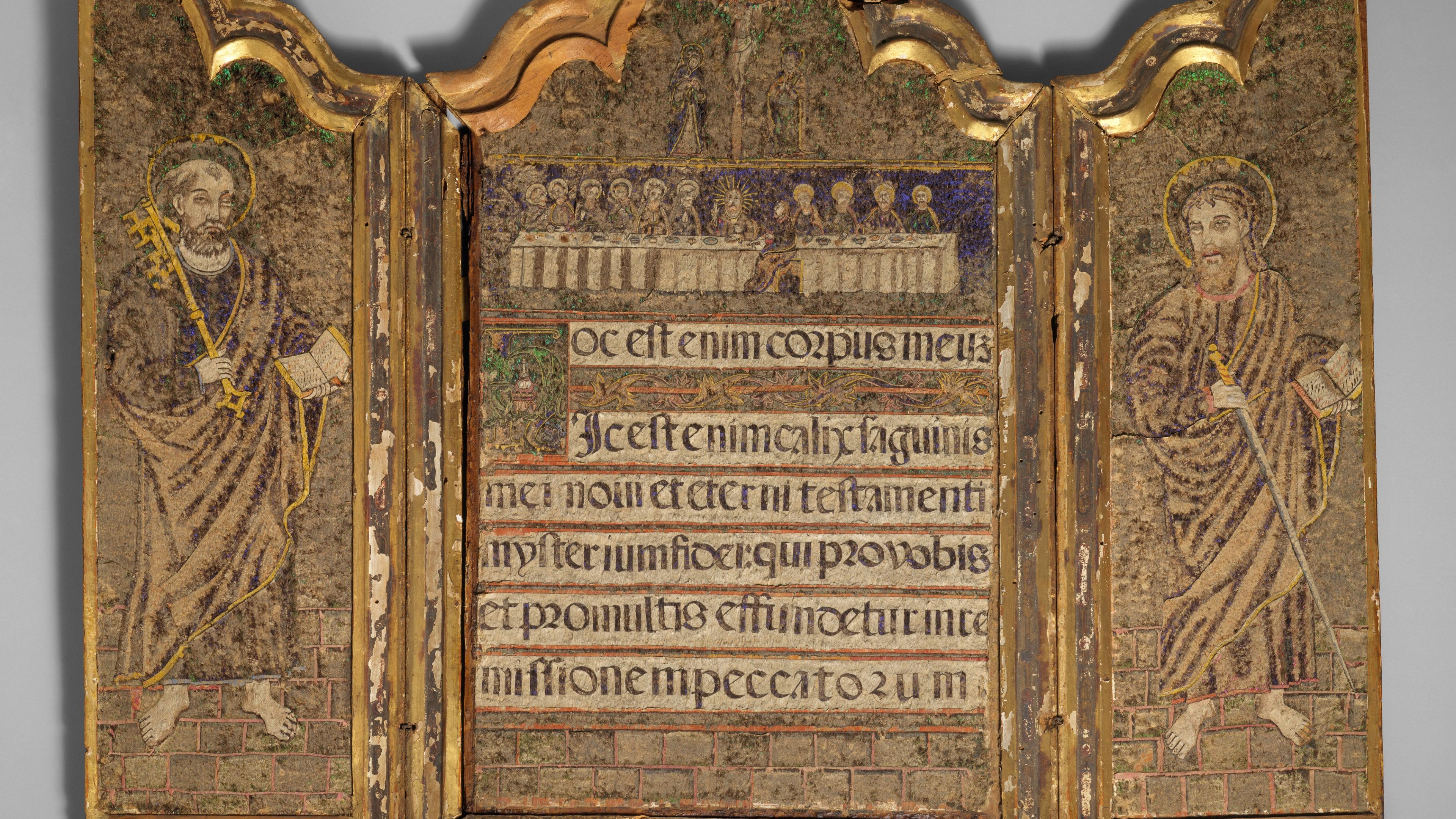 Feather mosaic triptych picturing the Last Supper as the first Mass with Latin text beneath the image