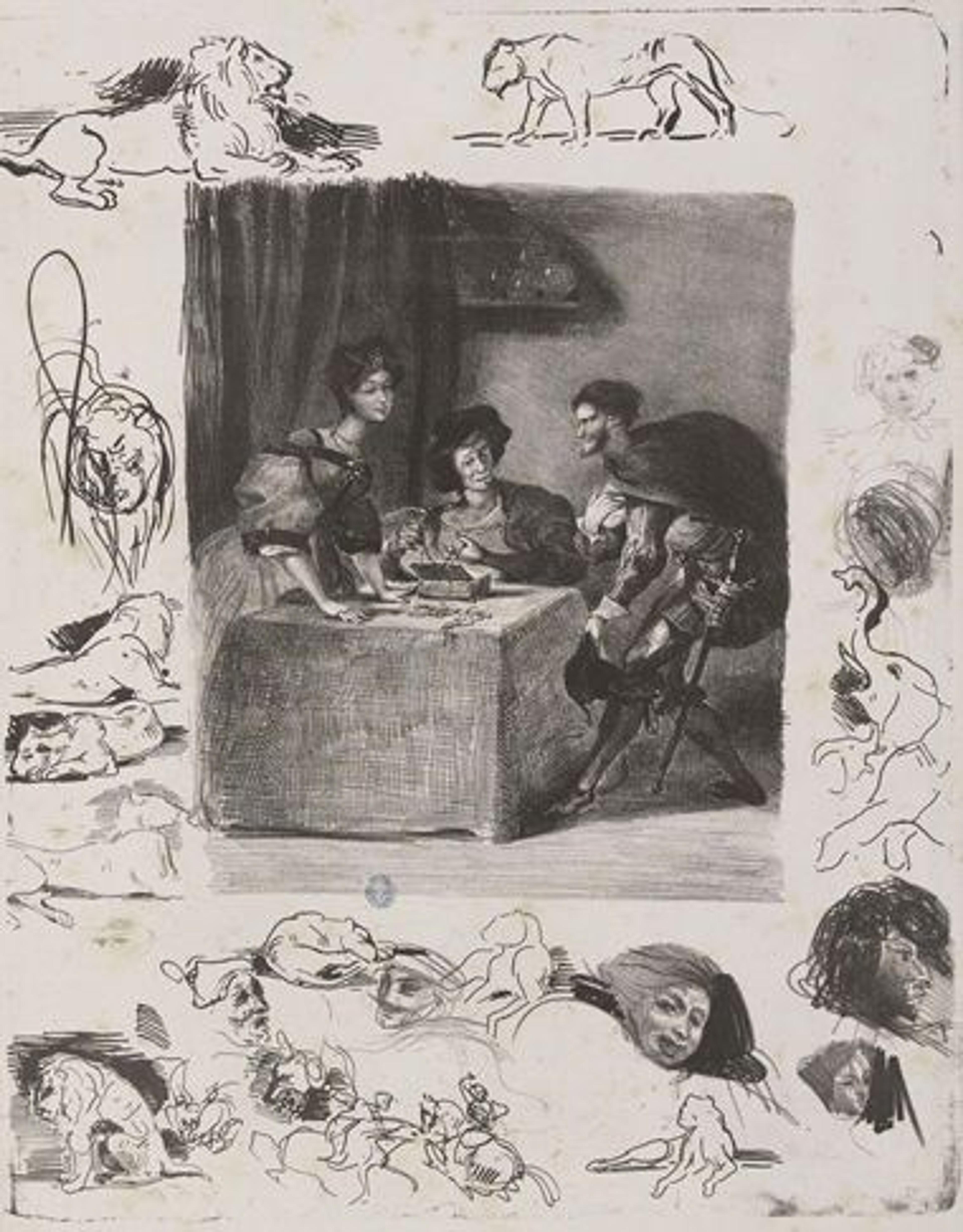 Page from a book of lithographs by Eugene Delacroix showing scenes from Goethe's Faust
