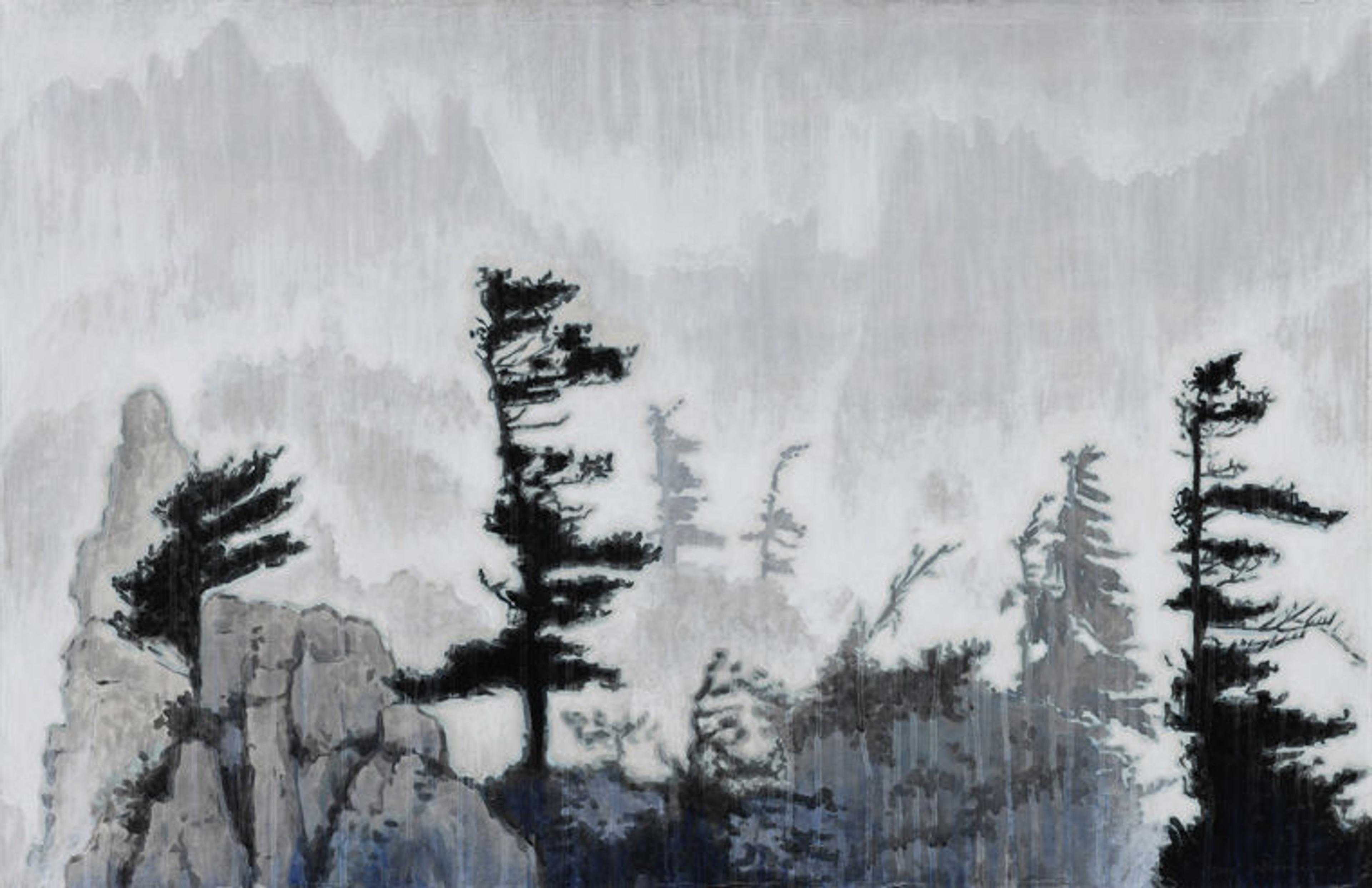 Painting of rainfall on Manmulsang Rocks on Mount Geumgang by Shin Jangskik, using grey-tone acrylic paint