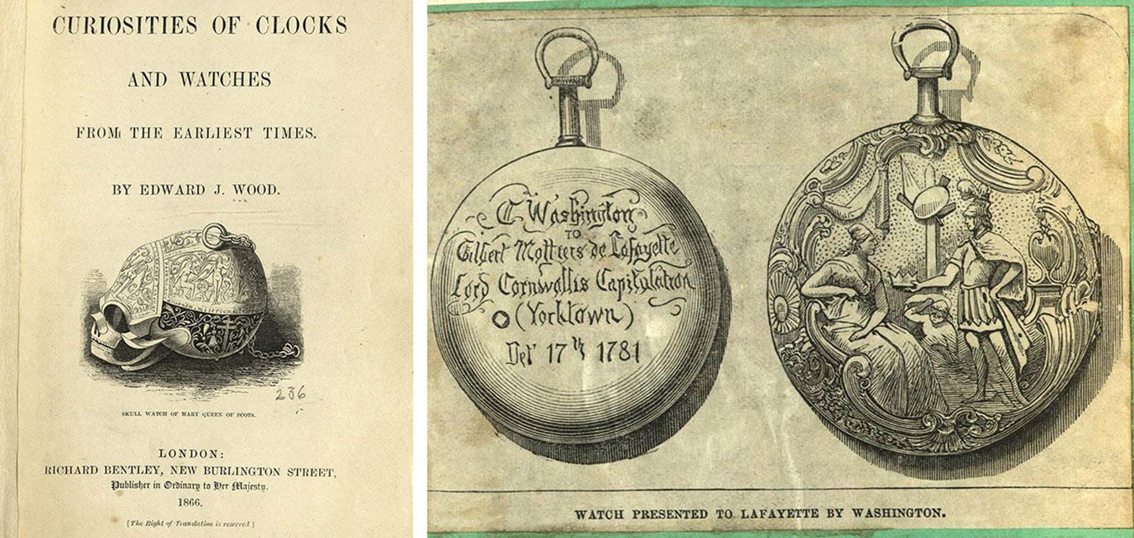 Left cover of Edward Woods book; right, illustration of a watch owned by George Washington