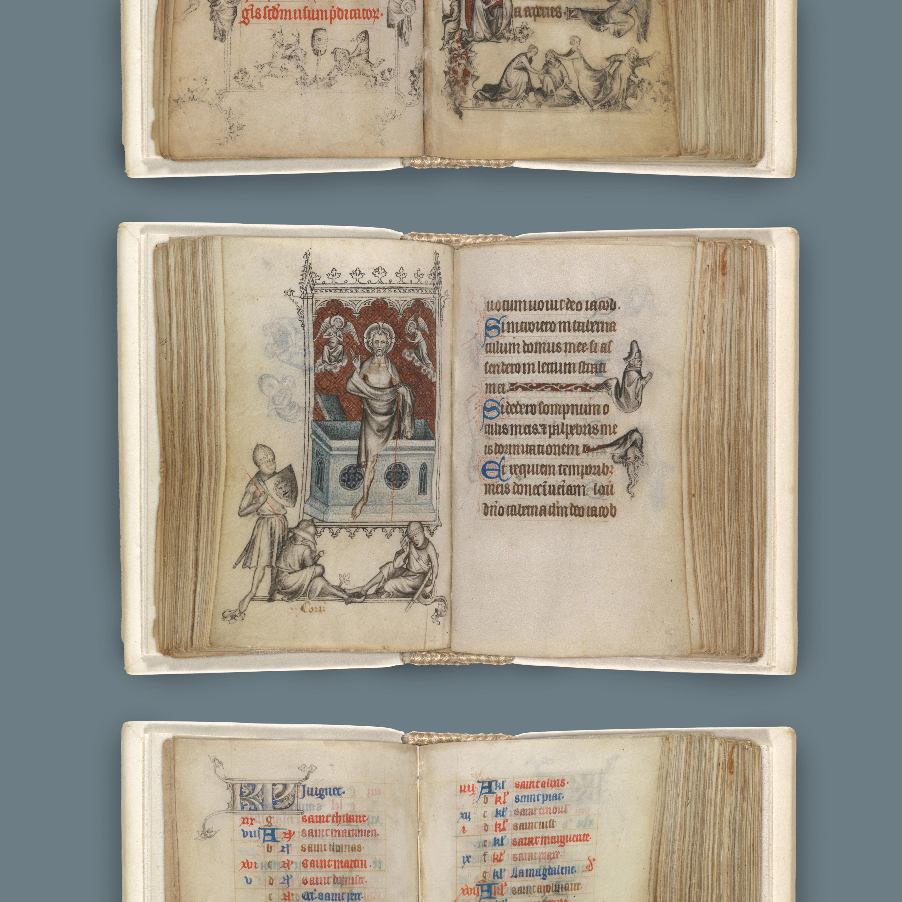 An open medieval manuscript featuring illustrated scenes of biblical figures on the left page and ornate lettering on aged parchment on the right page.