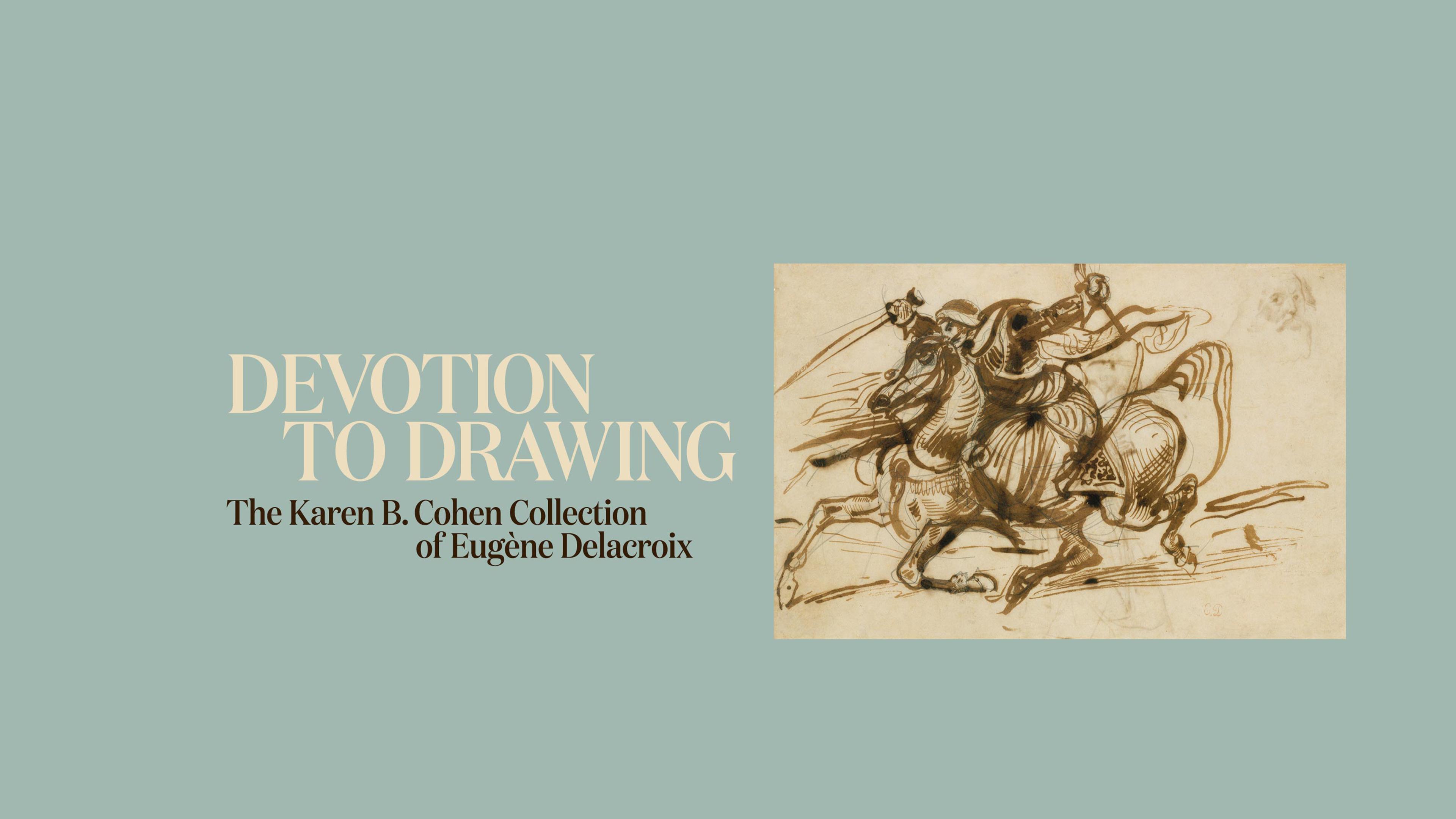 Devotion to Drawing: The Karen B. Cohen Collection of Eugène Delacroix | Brown-ink drawing of a Venetian warrior (giaour) on horseback