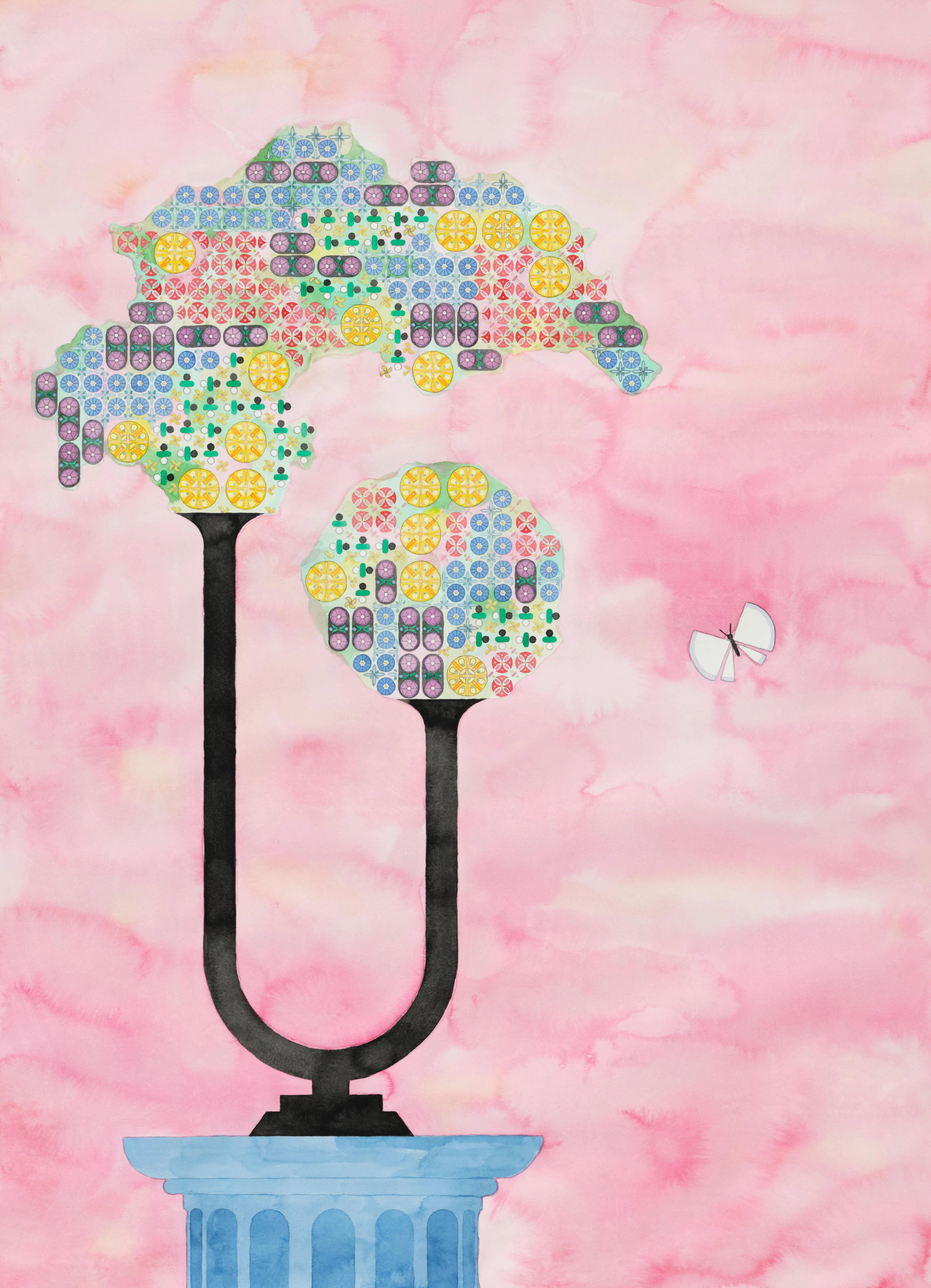 U-shaped vase with geometrically-patterned flowers, atop a blue pedestal and against a light pink background.