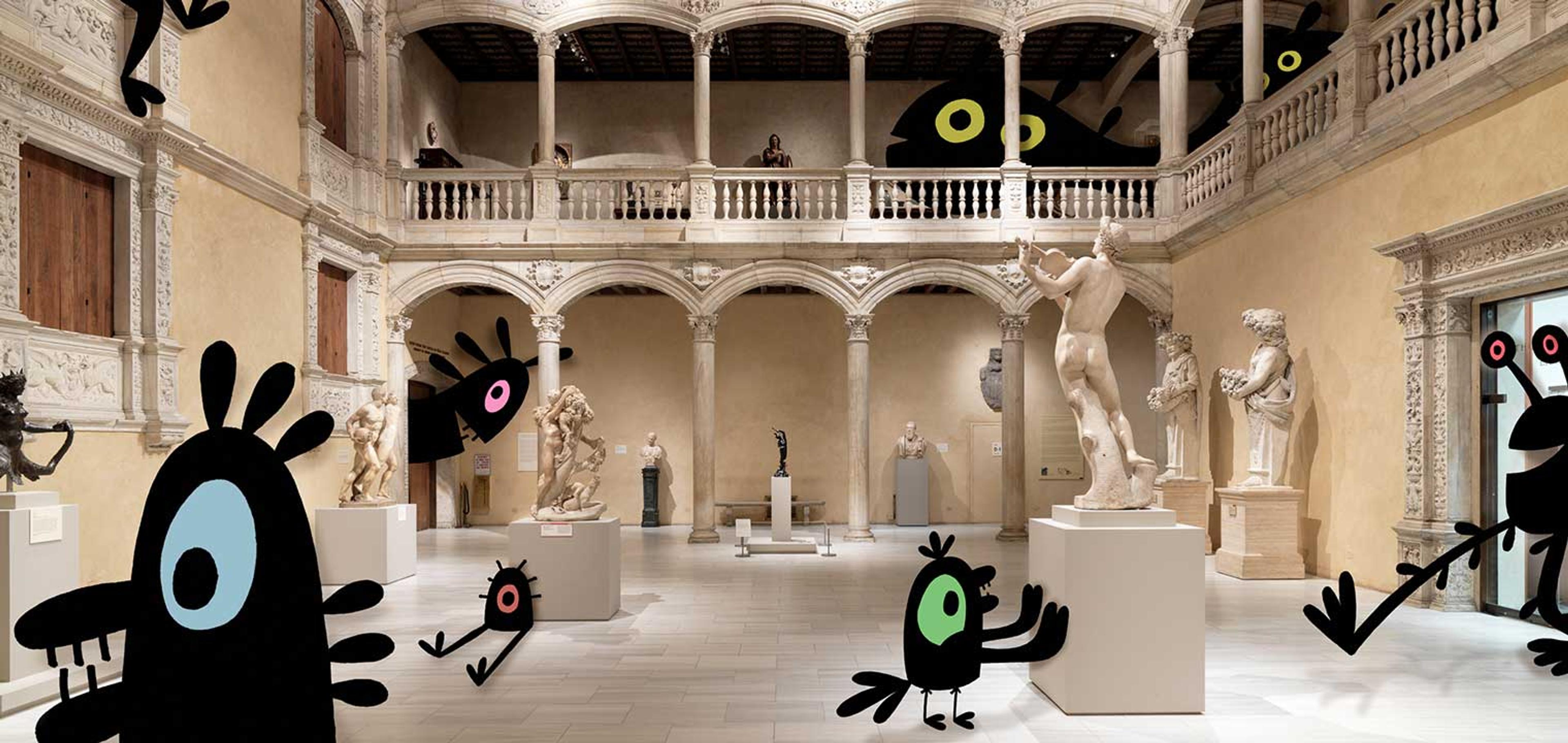 A photograph of the two-story patio of the Velez Blanco castle, which was originally in Spain but was relocated to The Met. The room, which is scattered with sculptures of people and natural creatures on plinths, is illustrated with simple quirky black cartoon characters scattered throughout the image looking at the art.