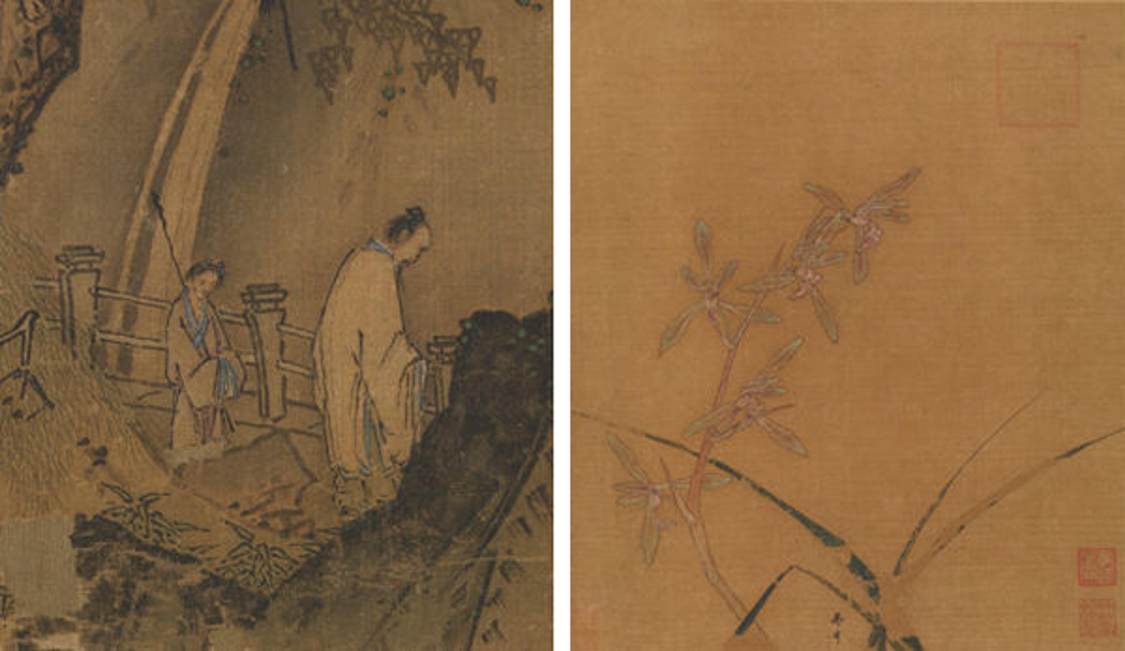 Fig. 12 (left). Ma Yuan (active ca. 1190–1225). Scholar viewing a waterfall (detail), late 12th–early 13th century. Southern Song dynasty (1127–1279). Album leaf; ink and color on silk. The Metropolitan Museum of Art, New York, Ex coll.: C. C. Wang Family, Gift of The Dillon Fund, 1973 (1973.120.9). Fig. 13 (right). Ma Lin (ca. 1180–after 1256), Orchids, second quarter of the 13th century. Southern Song dynasty (1127–1279). Album leaf; ink and color on silk. The Metropolitan Museum of Art, New York, Ex coll.: C. C. Wang Family, Gift of The Dillon Fund, 1973 (1973.120.10)