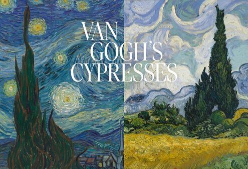 A whimsical painting of a cypress tree in the night sky next to a painting of a tree in a wheat field with white text saying "Van Gogh's Cypresses"