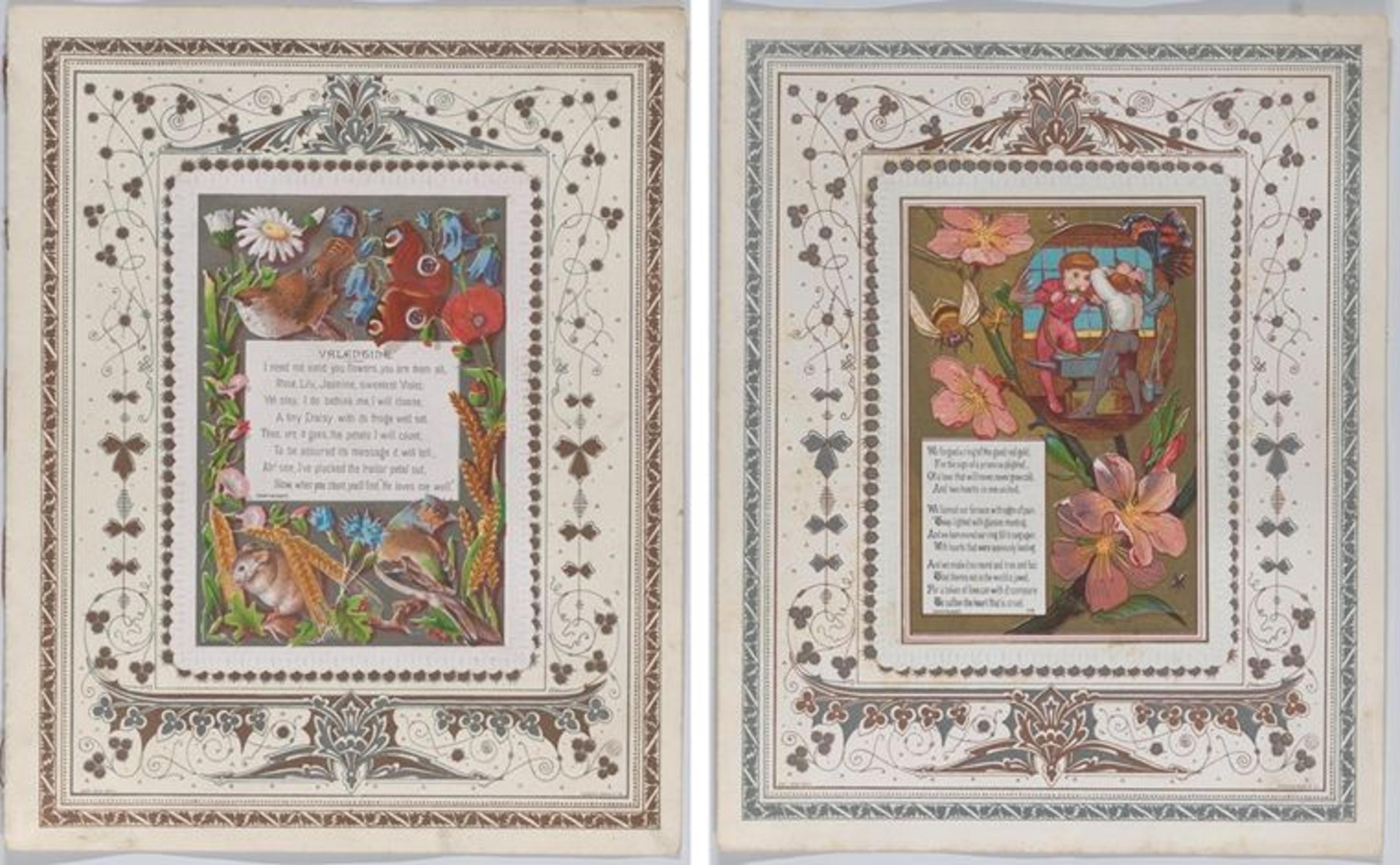 Two Kate Greenaway valentines depicting flowers, animals, and poetry
