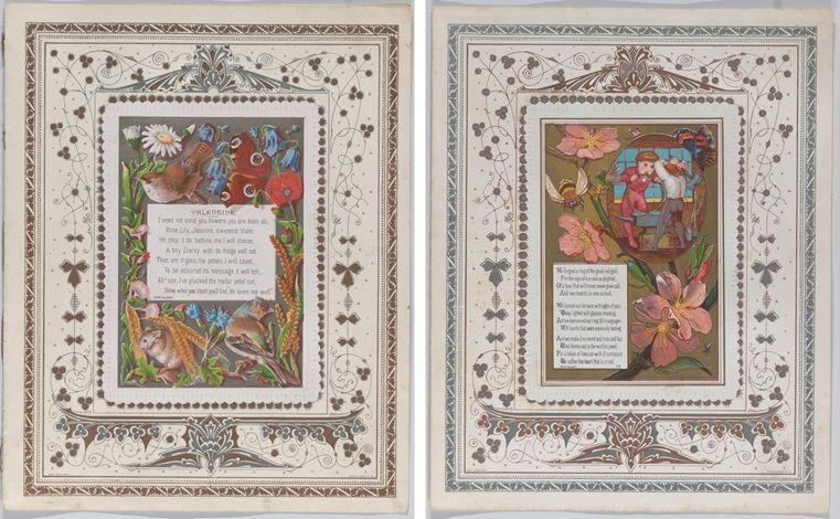 Two Kate Greenaway valentines depicting flowers, animals, and poetry