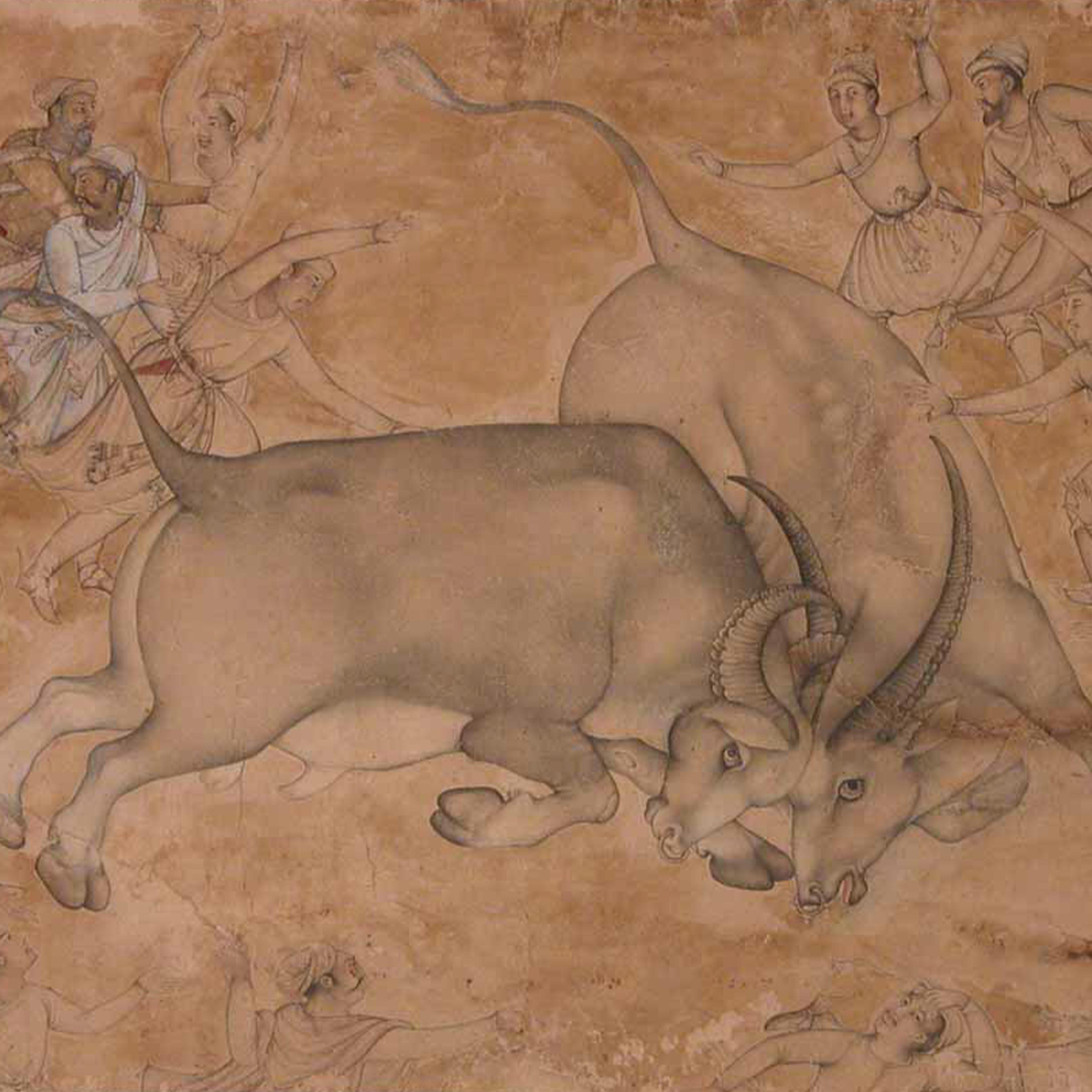 An ancient fresco depicts a dynamic scene where multiple figures attempt to subdue a large, powerful bull, showcasing the artistic style and storytelling of a bygone era.
