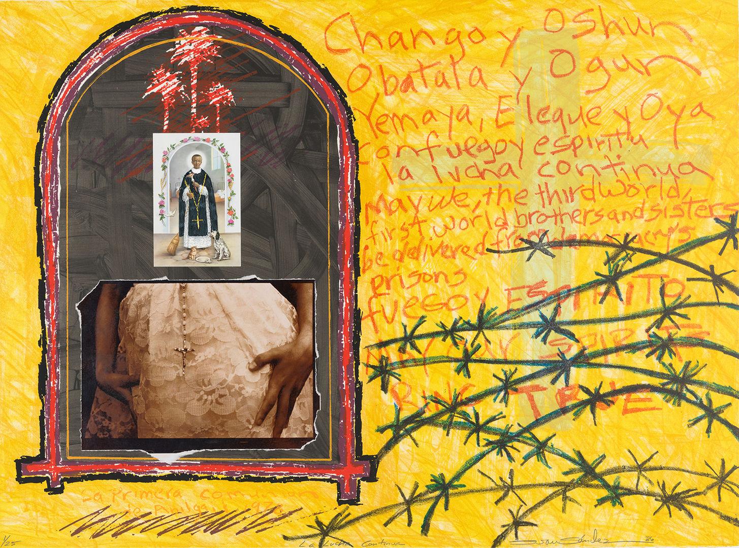 Mixed-media collage in shades of yellow. An arched, rectangular panel at left includes images of a religious figure and the torso of a person wearing a cross. A poem at right, written in English and Spanish, is partially crisscrossed by a drawing of barbed wire.