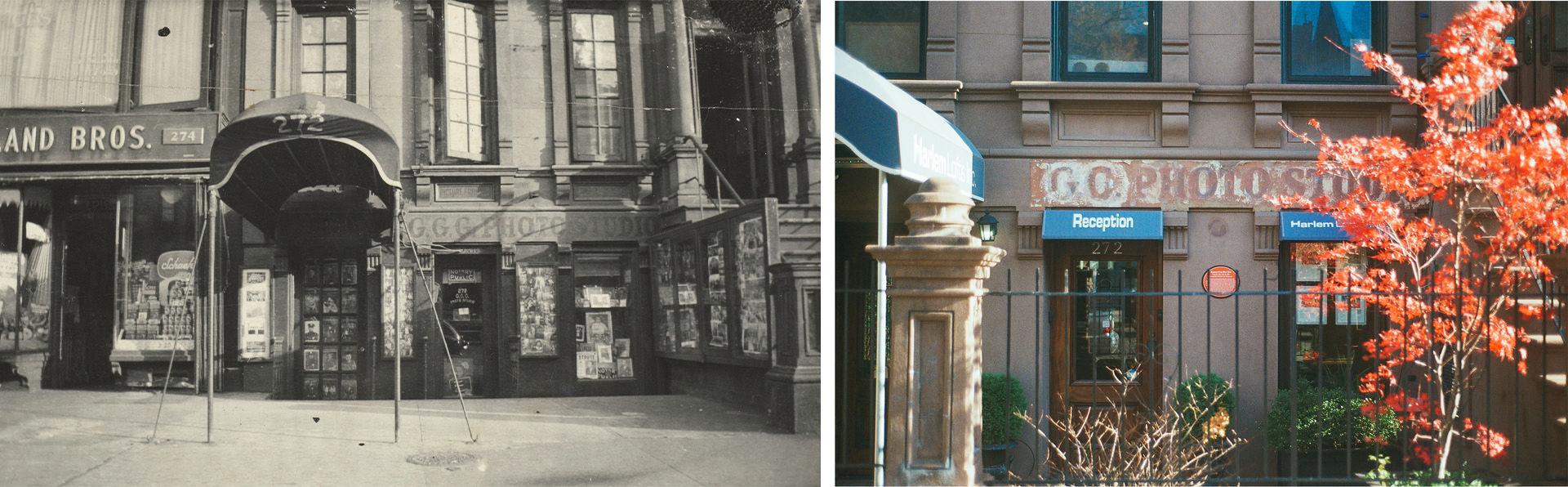 Composite image of a black and white photo of an old and photo studio and on the other an updated photo of the studio in color.