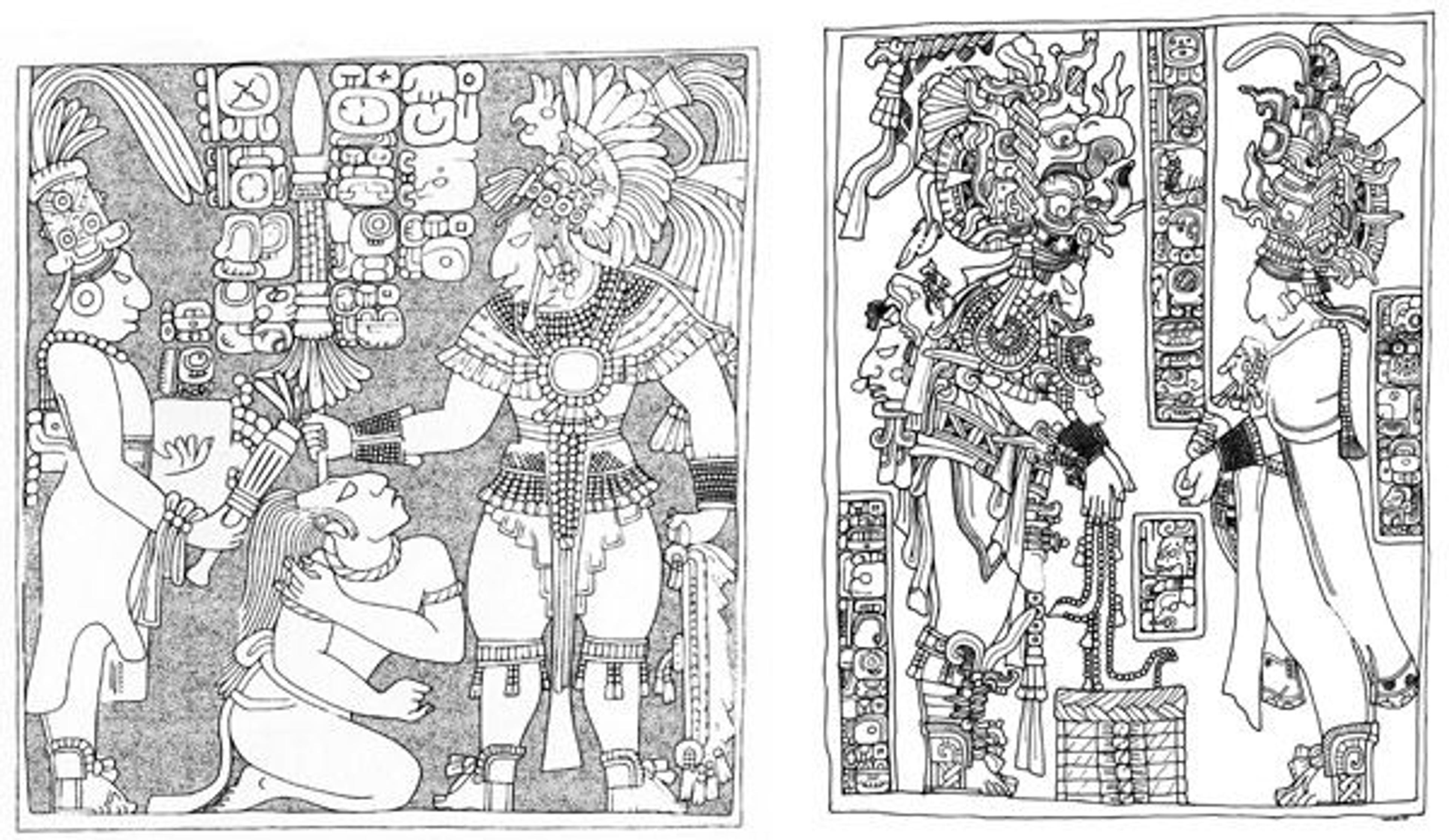 Fig. 3. Left: Lintel, 8th century. Guatemala or Mexico. Mesoamerica. Limestone, pigments; H 96 x W 89 x D 5 cm. Ethnologisches Museum, Berlin (IV Ca 45530). Drawing by Ian Graham. Right: Lintel, 8th century. Guatemala or Mexico. Mesoamerica. Limestone, pigments; H 117.3 x W 90.2 cm. Museum Volkenkunde, Leiden (3939-1). Drawing by Linda Schele