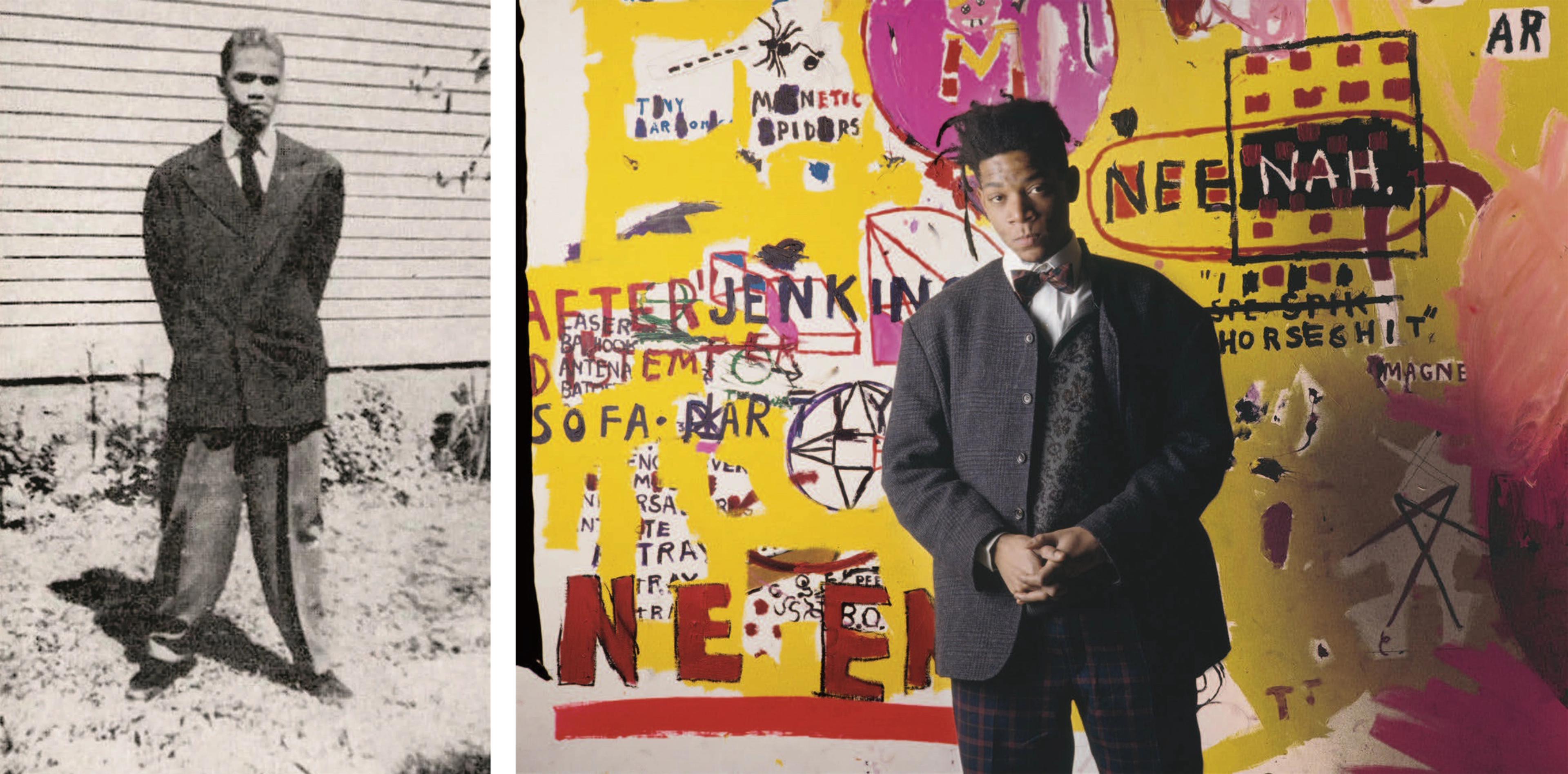 Diptych showing a young Malcolm X in an oversized suit at right, and Jean-Michel Basquiat posing in a dark jacket and bowtie.