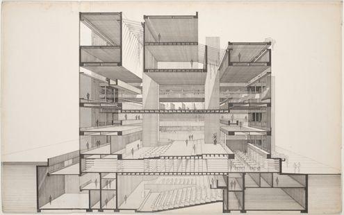 A cross section of an architectural drawing of a building made of rectangular modules