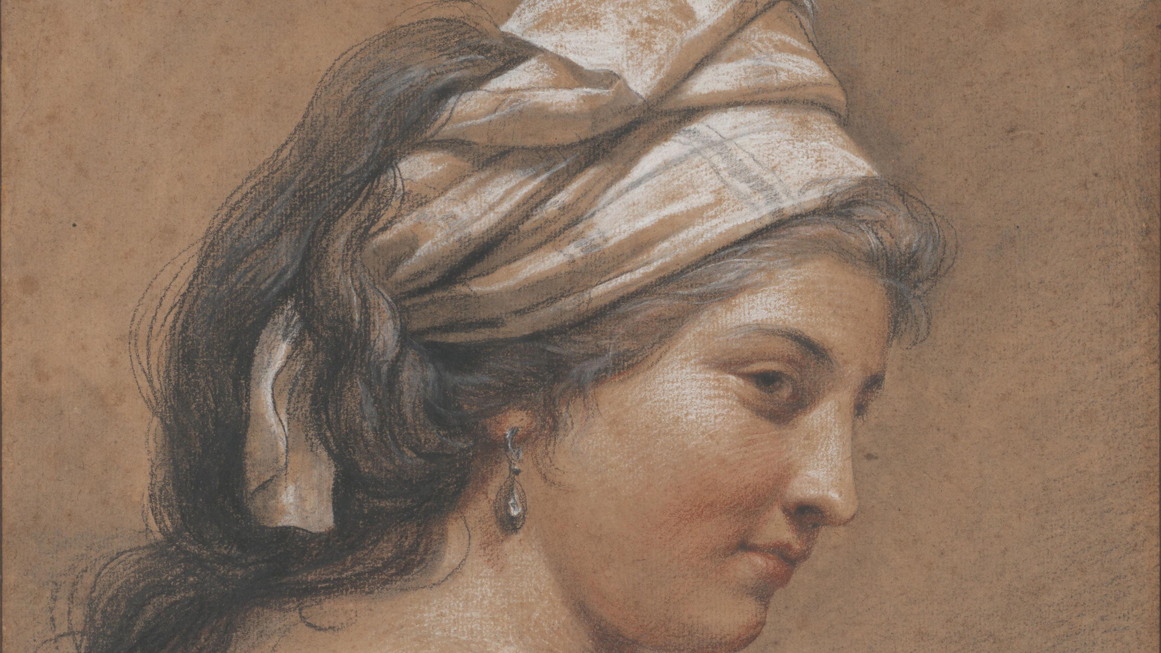 A close-up detail of a woman's head in profile, drawn in reddish chalk.