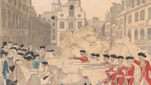 Illustration of active battle between two sides. One side in red and the other in blue. Guns drawns and wounded bodies.