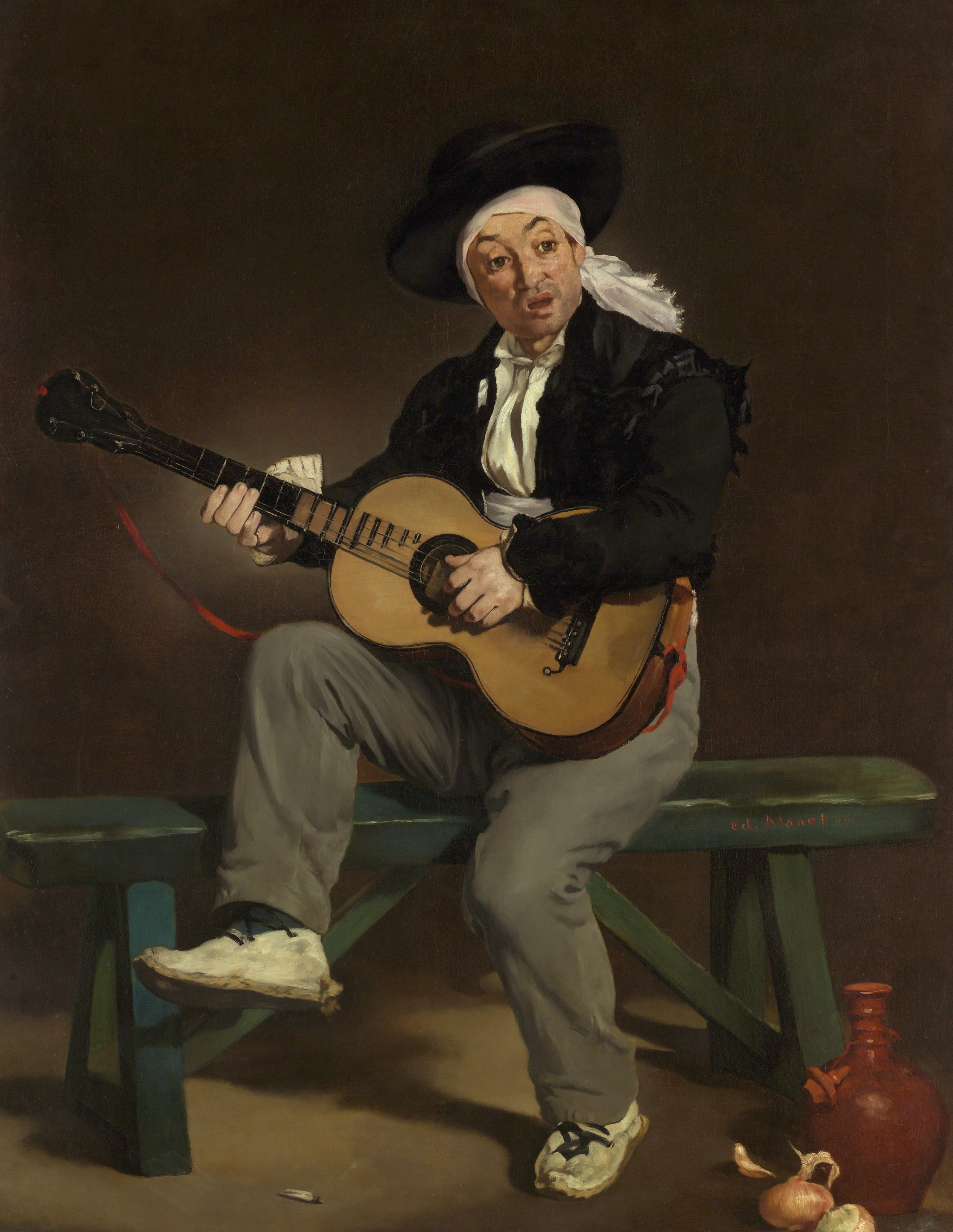 Painting of a musician sitting on a bench playing the guitar.