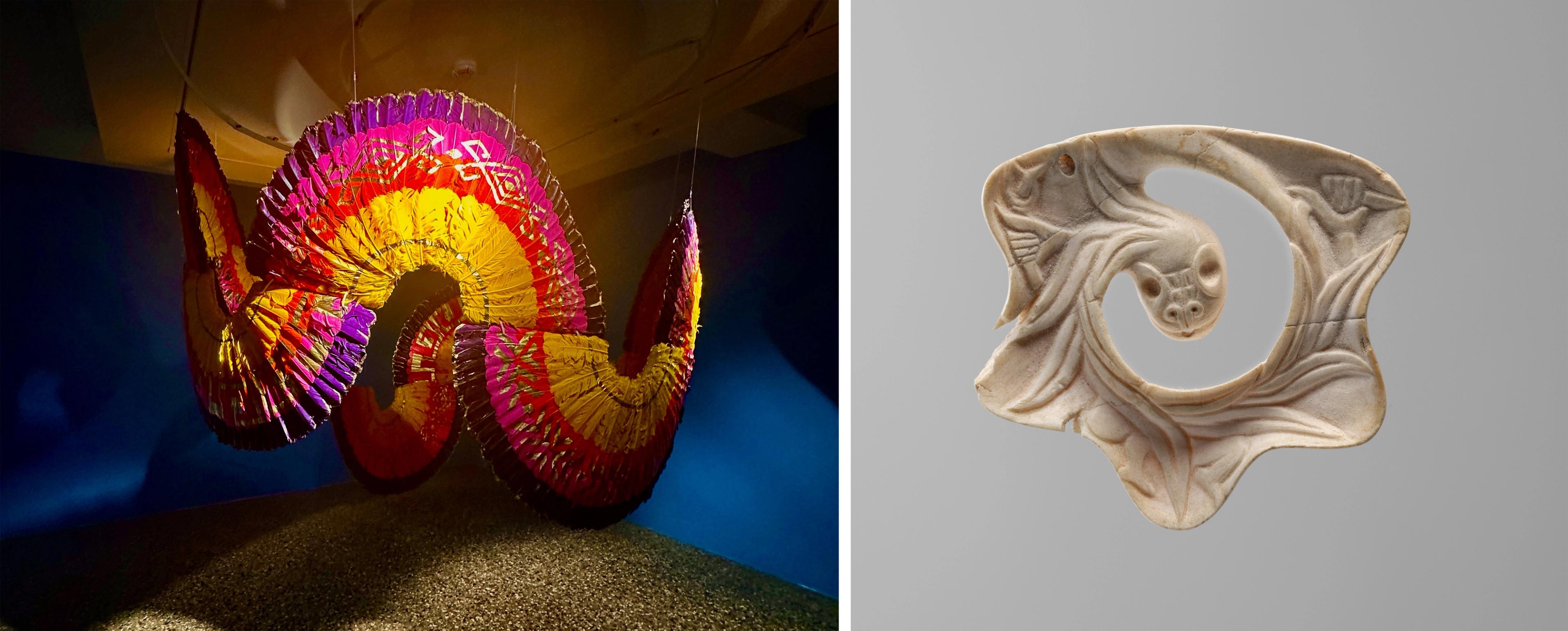 Two images of a large feather installation in bright yellow, pink, and purple, woven in a spiral and suspended from the ceiling.