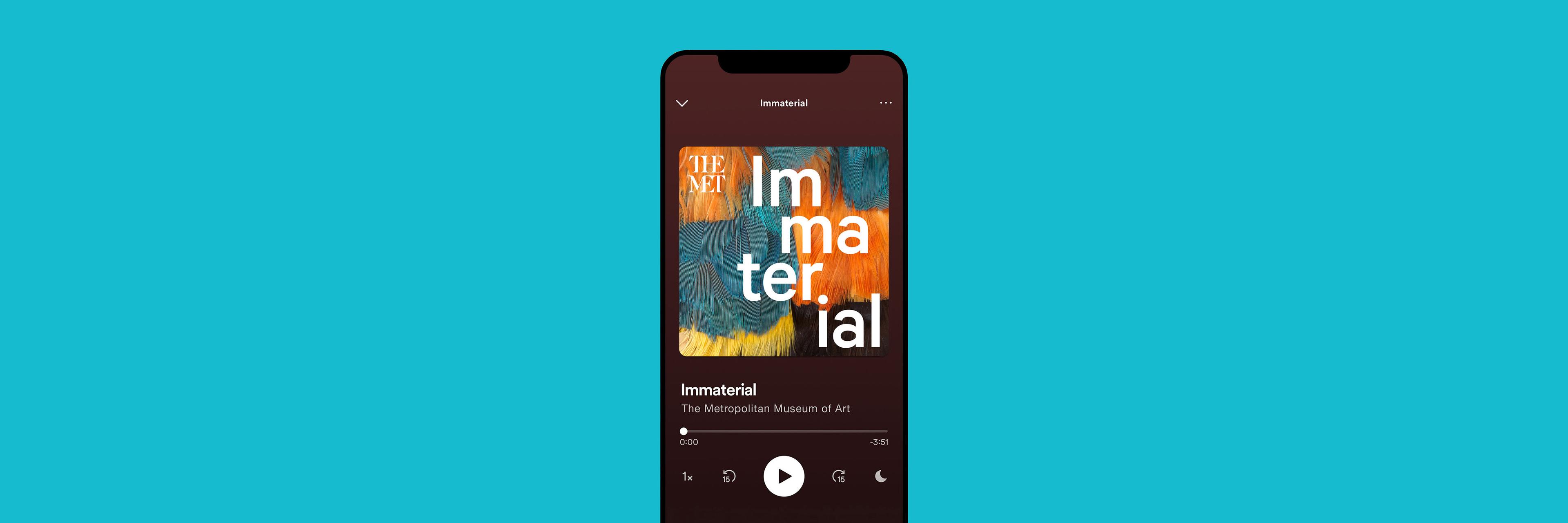 An iPhone showing the Immaterial podcast art for Season 2 - white "Immaterial" logo text superimposed on a close-up of colorful feathers.