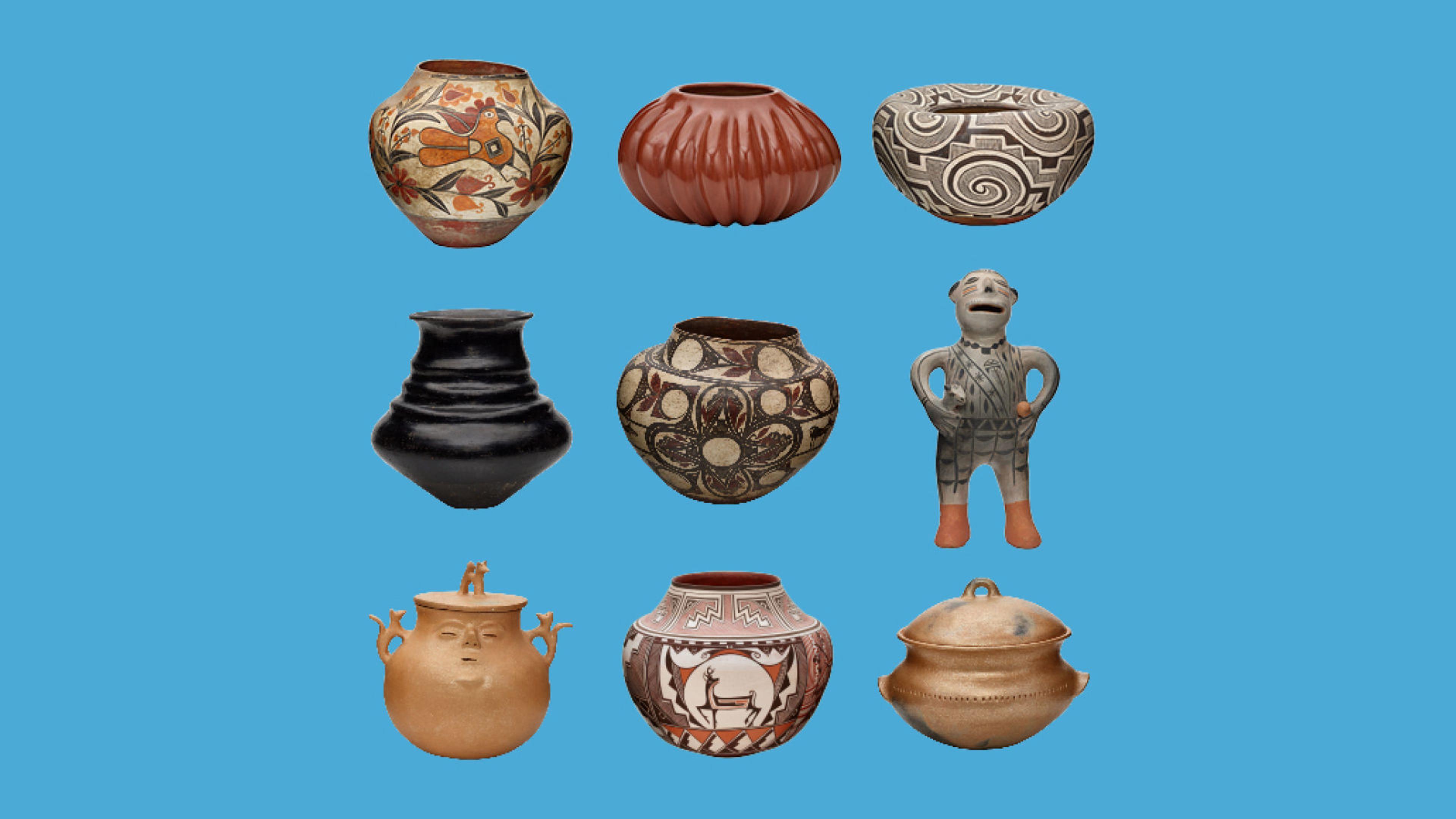 A variety of Indigenous pots made with clay in front of a bright sky blue background