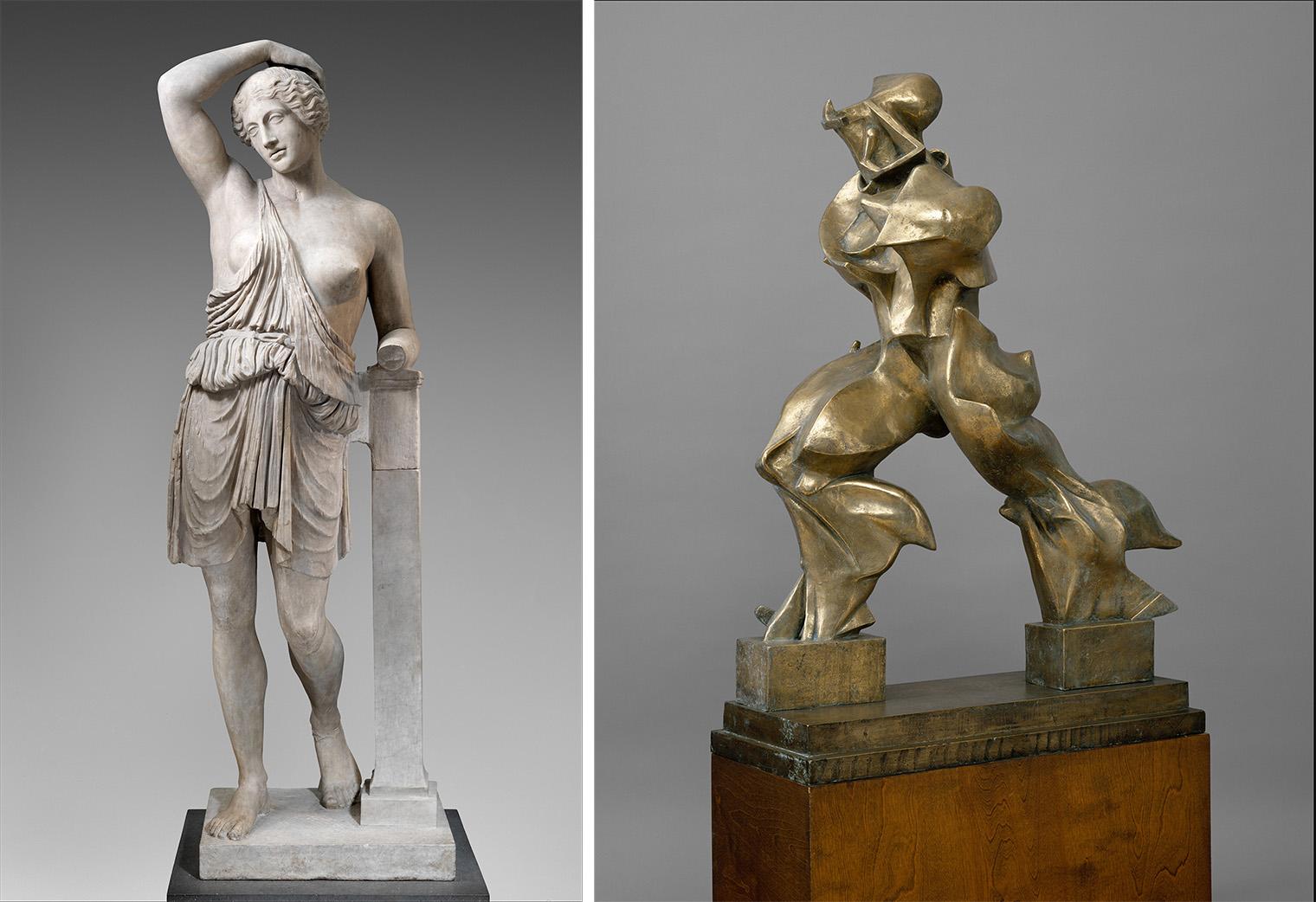 On the left, a classical marble statue depicts a relaxed, draped figure leaning against a column. On the right, a dynamic, abstract bronze sculpture displays fluid, geometric shapes.