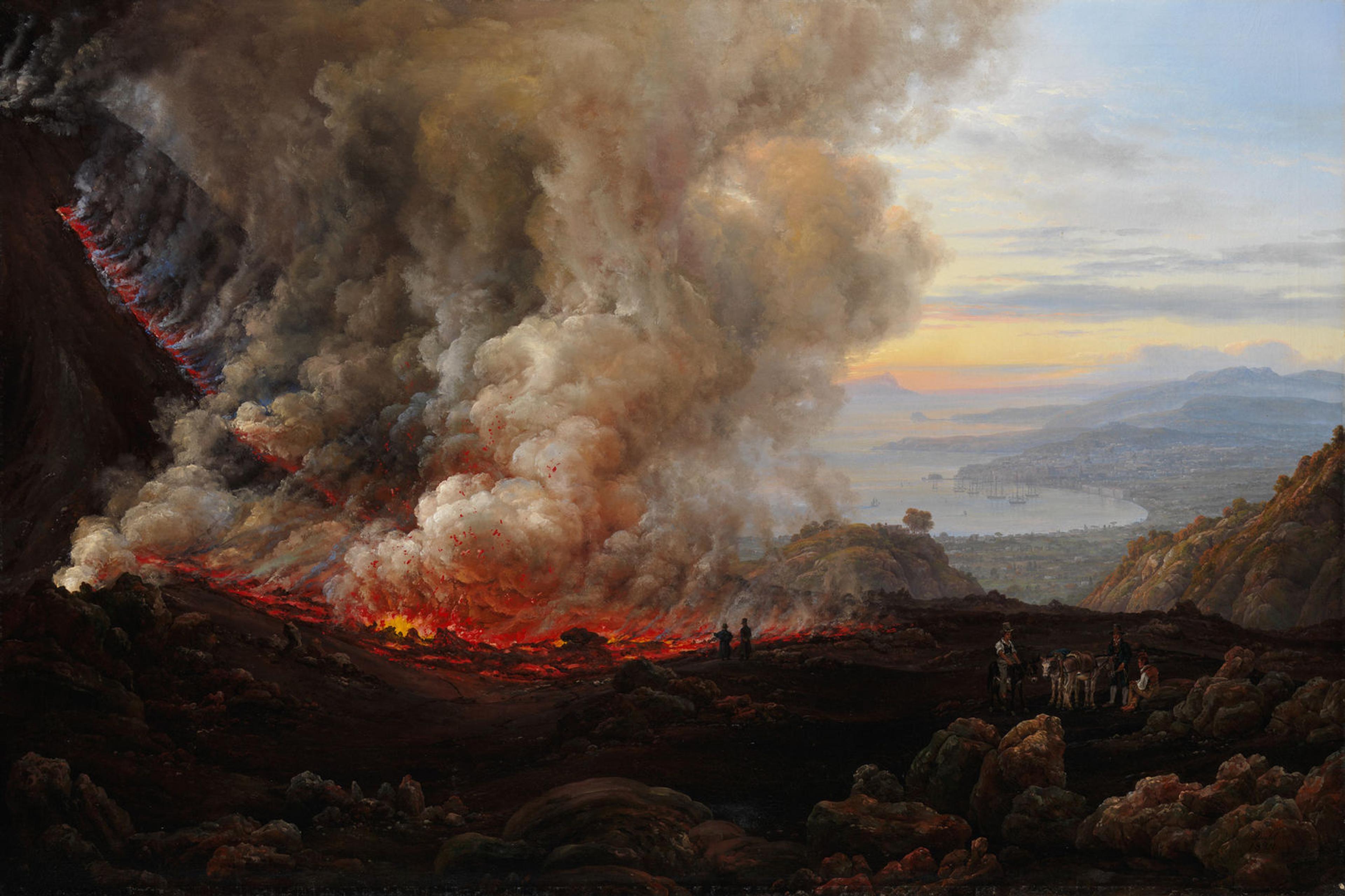 A painting of a fiery eruption, seen from the edge of the volcano's rim. A group of men are seated alongside the crater, and the landscape stretches peacefully beneath the mountain