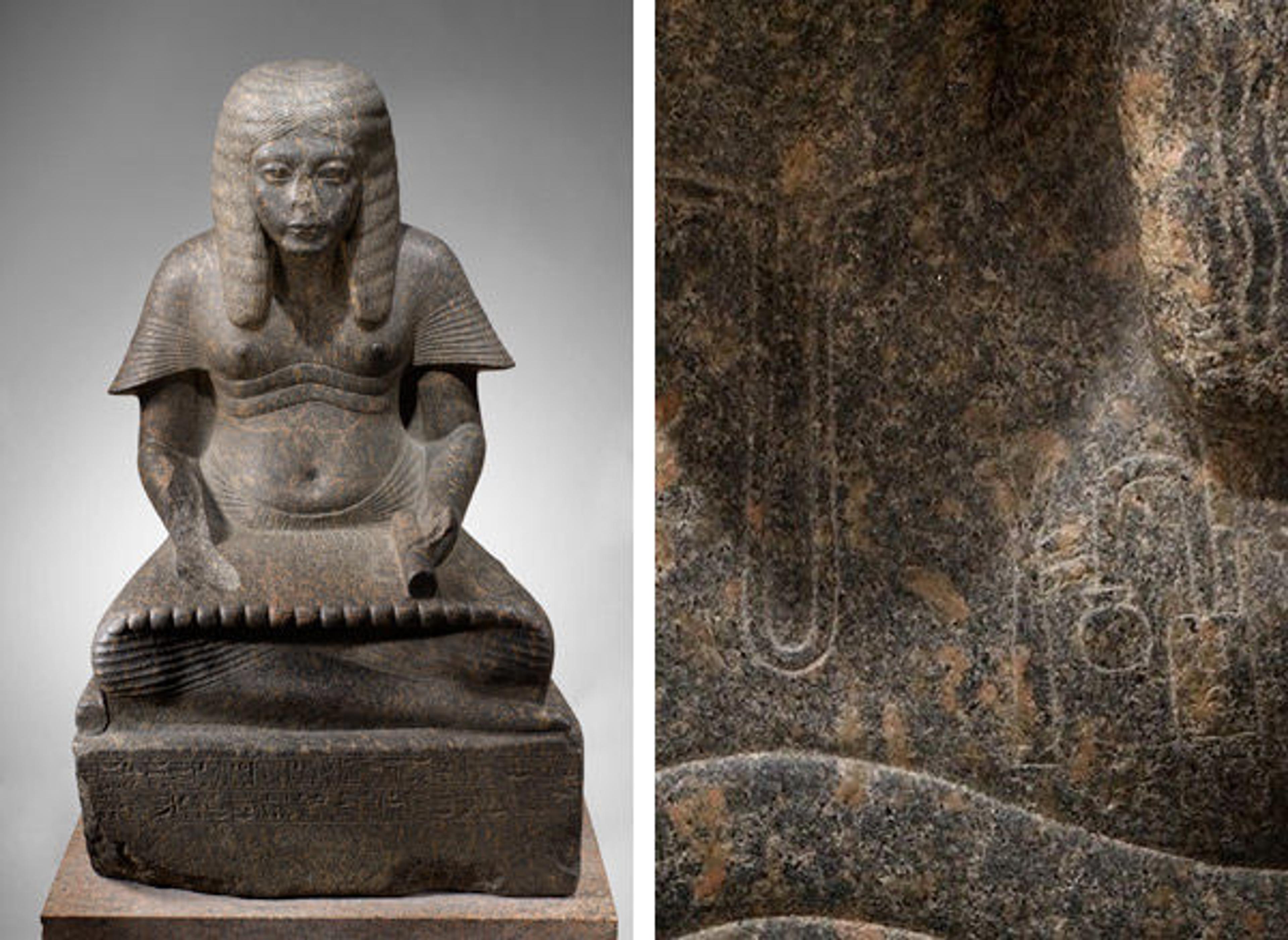Left: Haremhab as a Scribe of the King. New Kingdom, Dynasty 18, reign of Tutankhamun or Aya (ca. 1336–1323 B.C.). Granodiorite; H. 113 cm (44 1/2 in.), W. 71 cm (27 15/16 in.), D. 55.5 cm (21 7/8 in.). The Metropolitan Museum of Art, New York, Gift of Mr. and Mrs. V. Everit Macy, 1923 (23.10.1). Right: Detail view of base, showing "scribe" hieroglyph