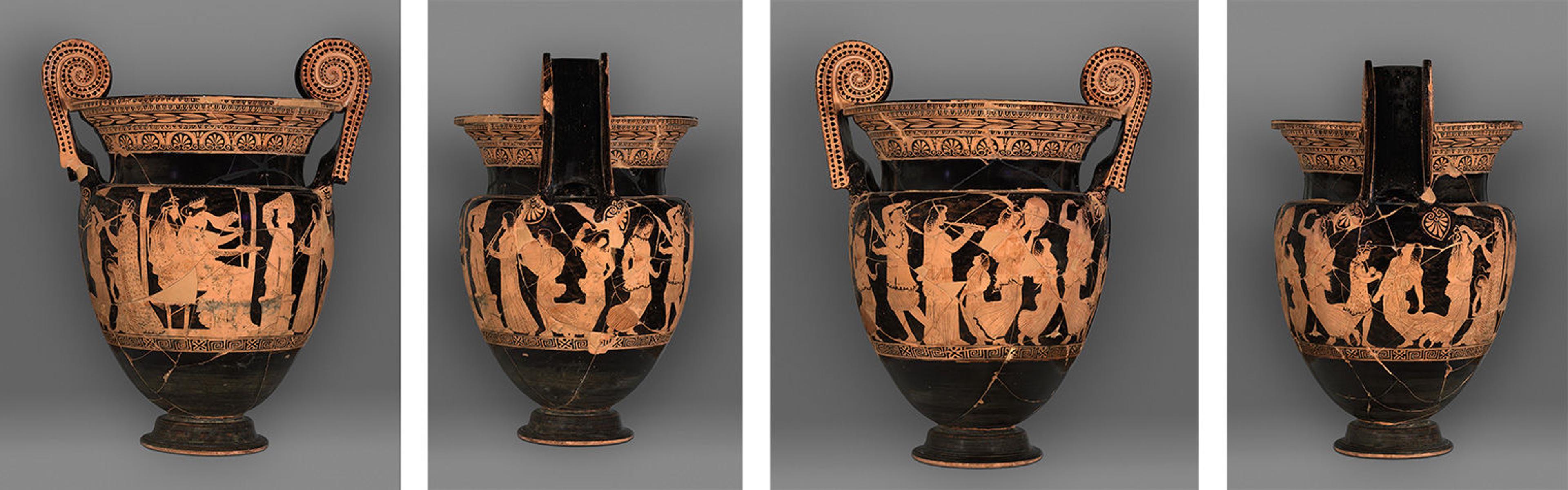 Four images showing each side of a volute-krater. The object is black with red details that show a divine couple surrounded by figures performing and dancing to music.