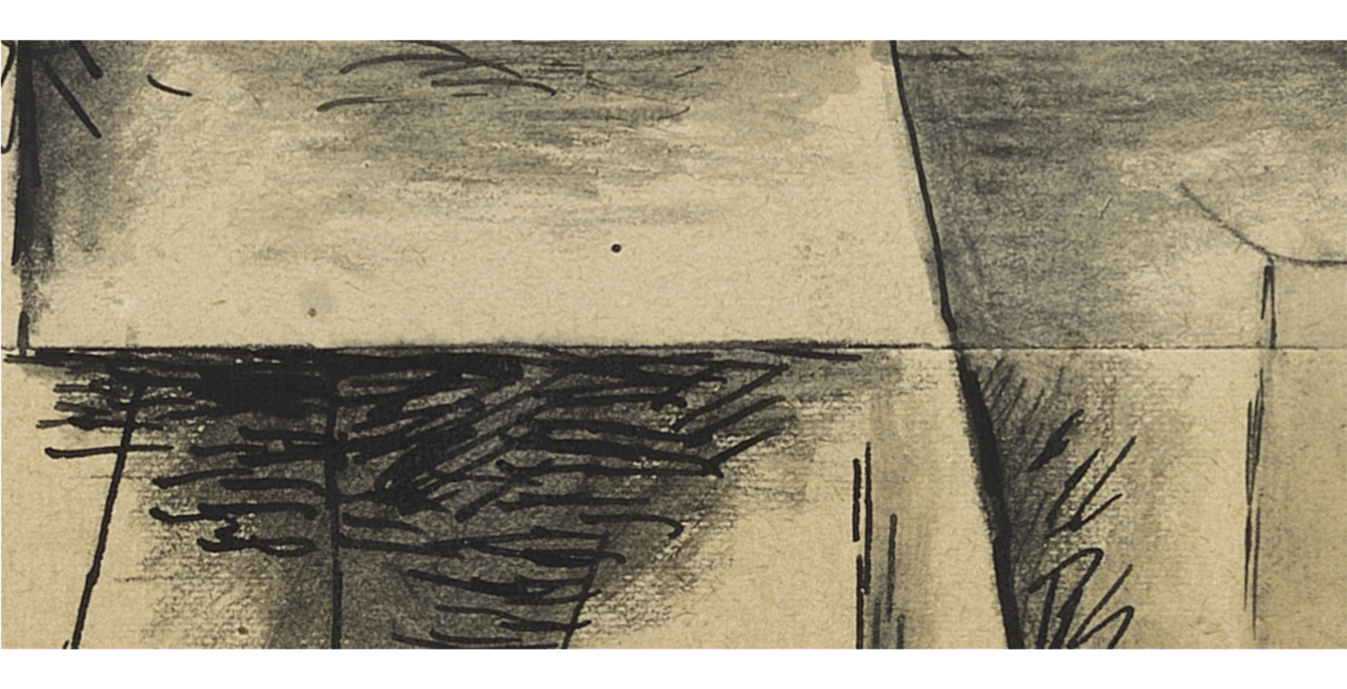 Detail of “Standing Woman” shows the horizontal line where the two sheets of paper are joined and the paint-like texture from the oil-and-charcoal mixture