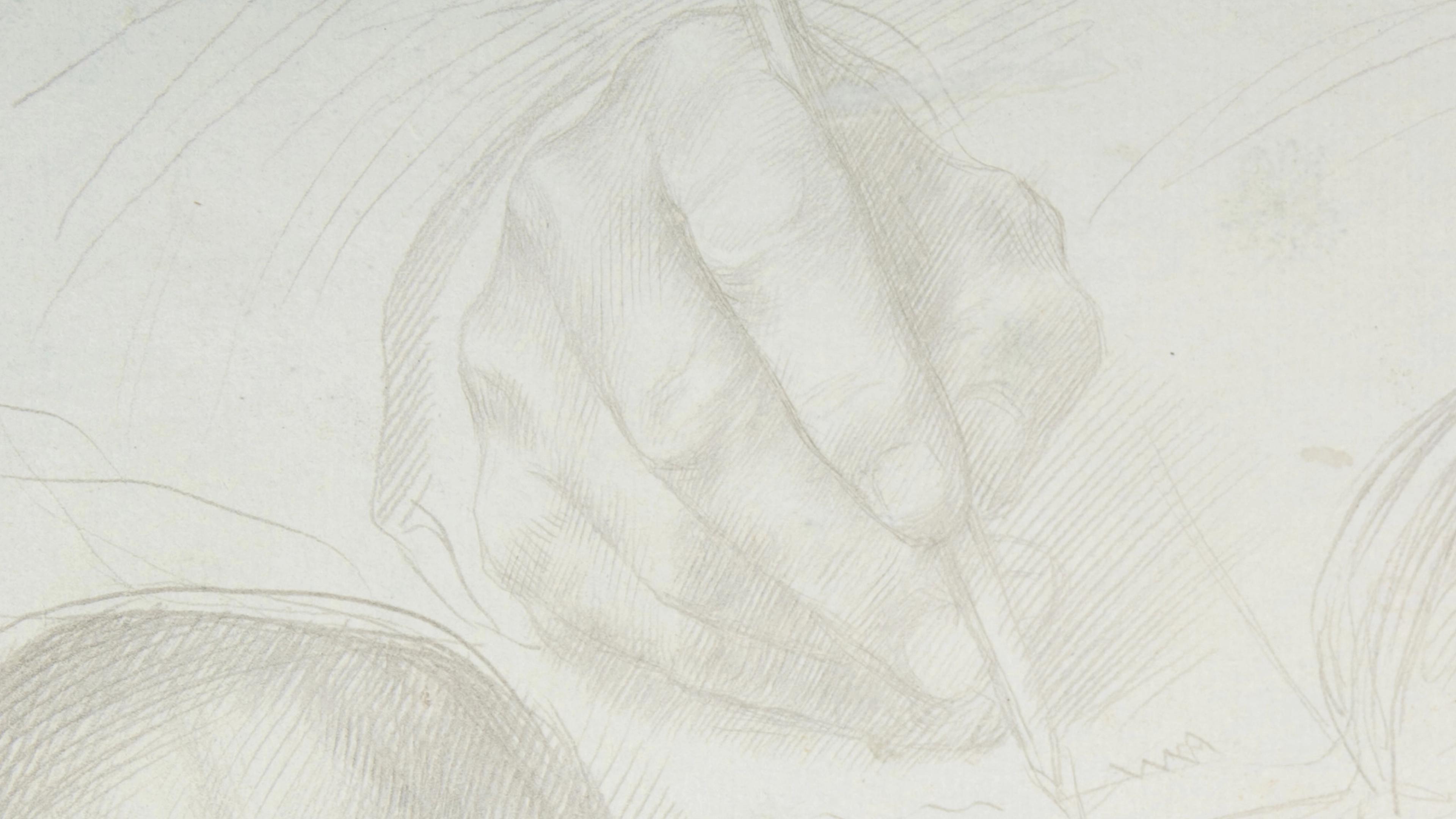 A faint, uncolored sketch of a hand holding a pencil and drawing.