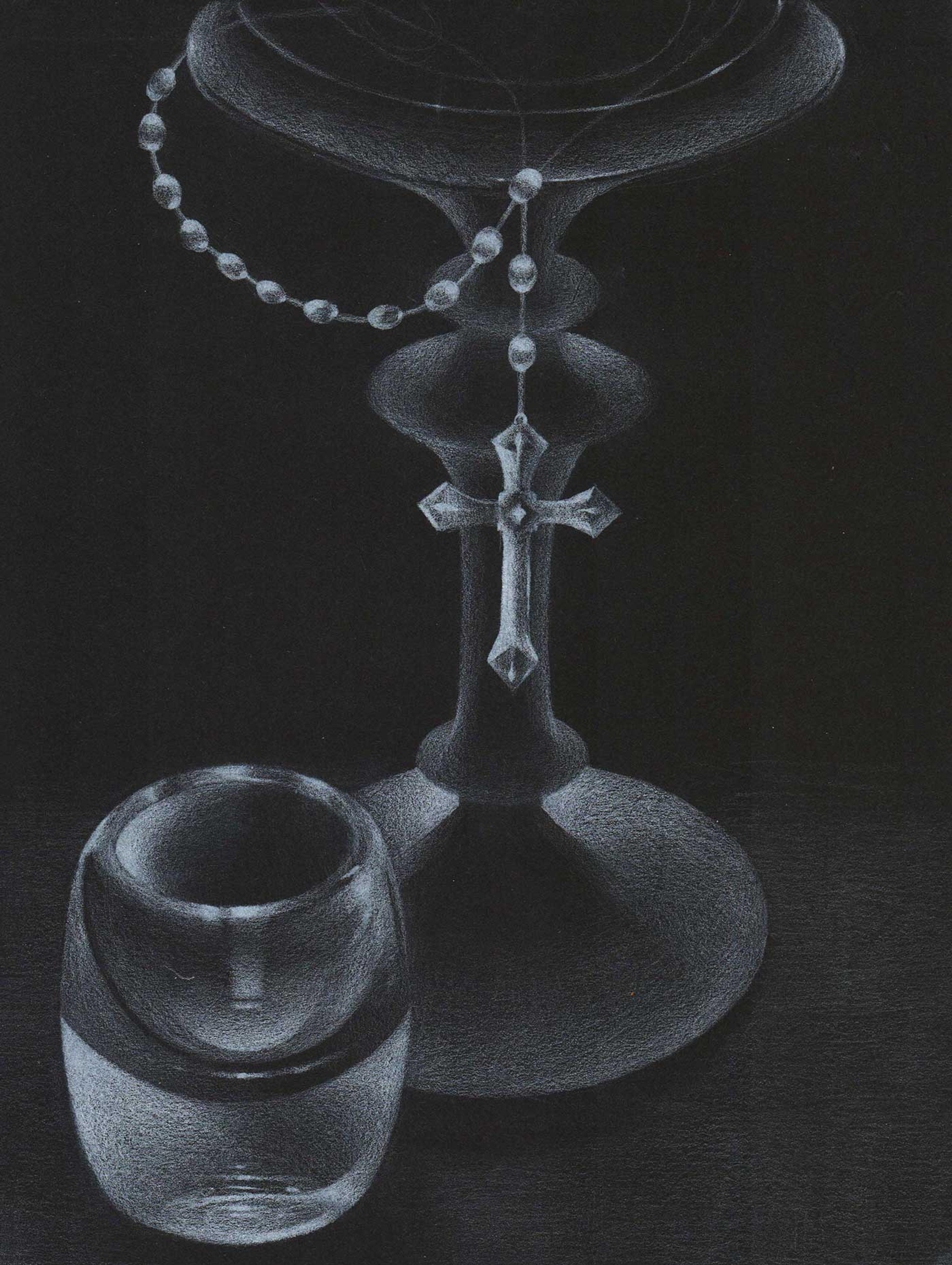 Still life of a glass, candle holder, and cross done in white on a black background.