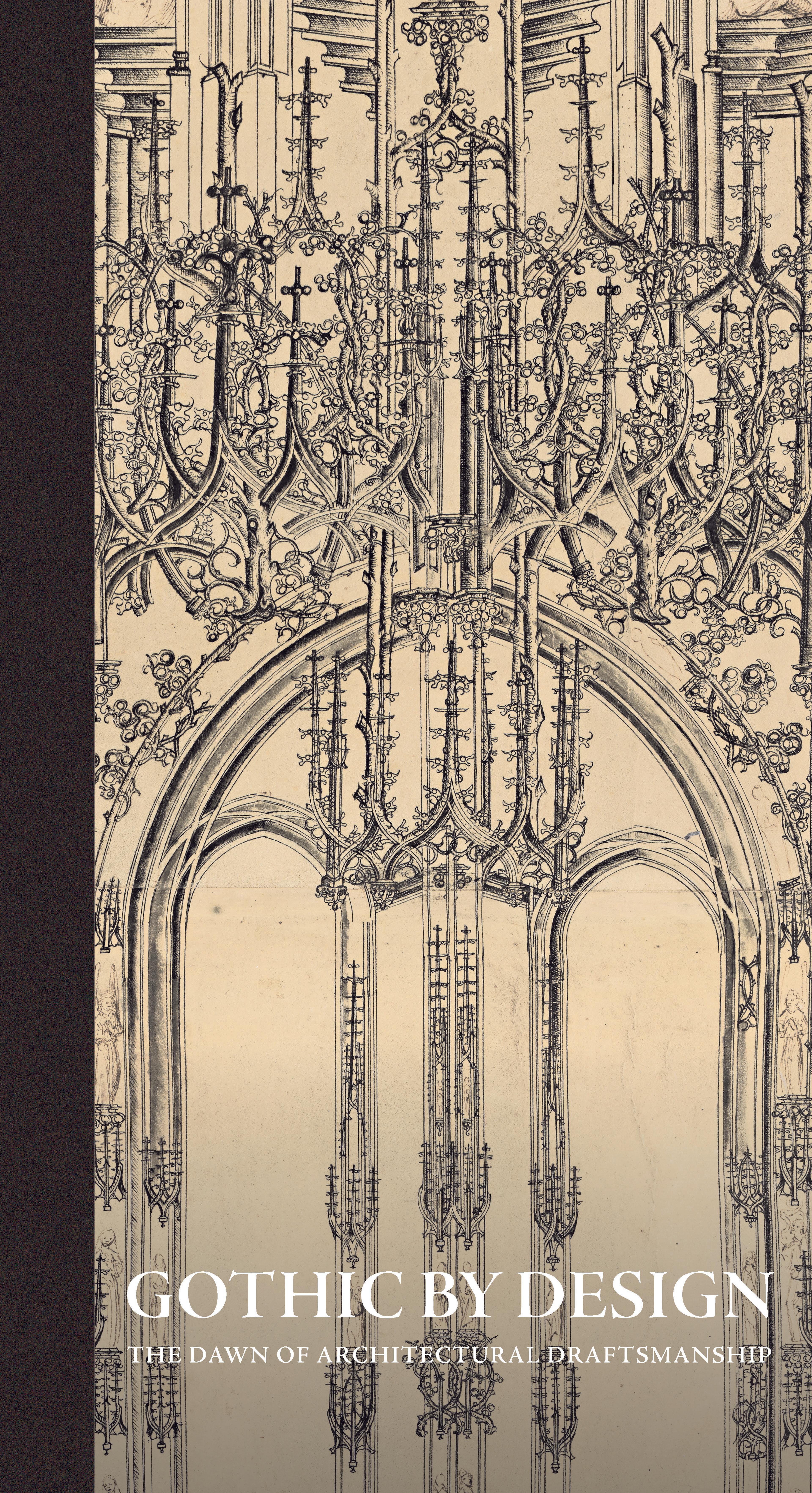 a detail of an architectural drawing of a delicate gothic structure against a sepia background