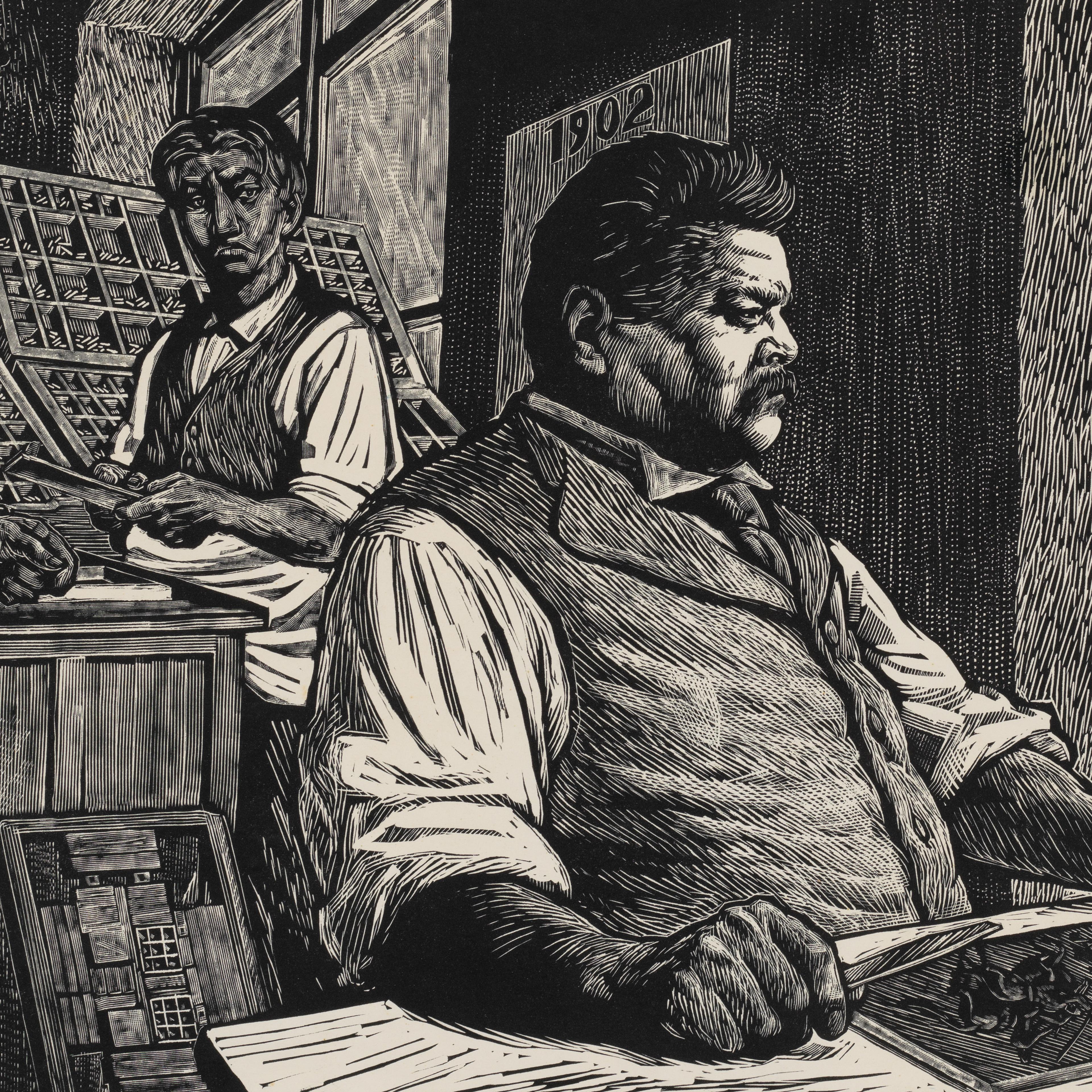 Black and white sketch, of a man sitting at a desk, with others loooking over his shoulders.