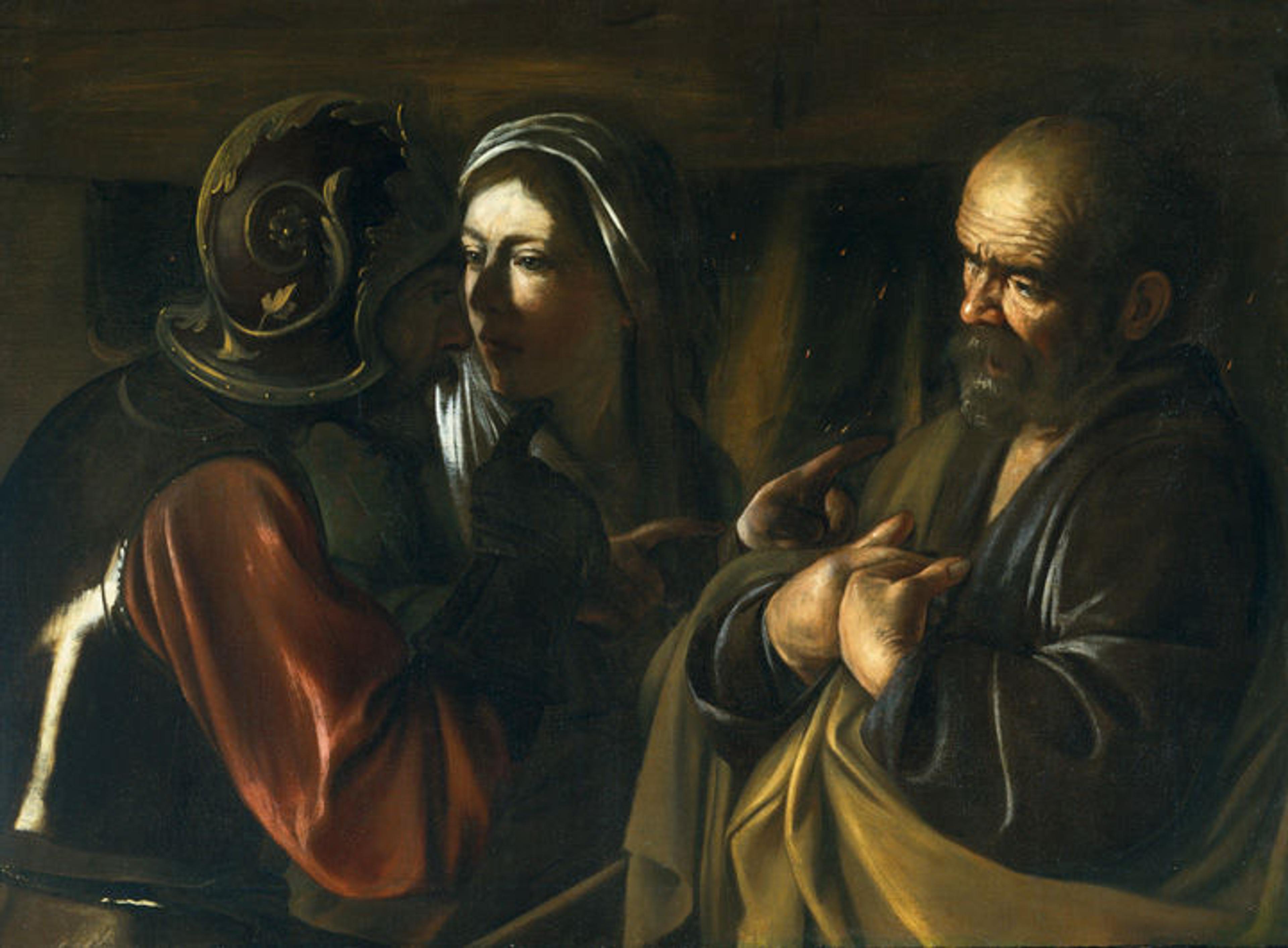 A dark oil painting showing a despondent-looking man and woman talking to a Roman soldier