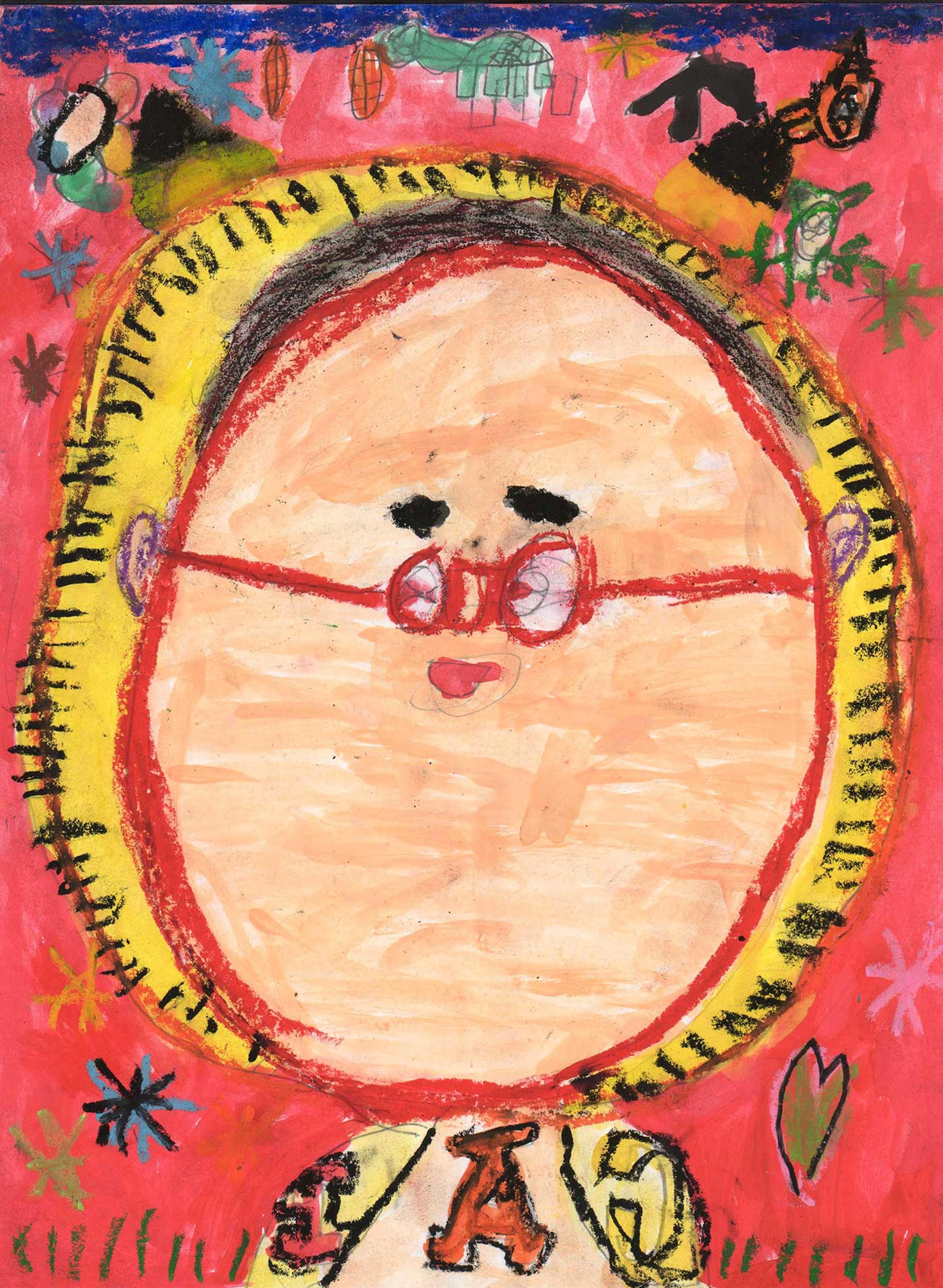 Portrait of a young boy wearing glasses on a red background.