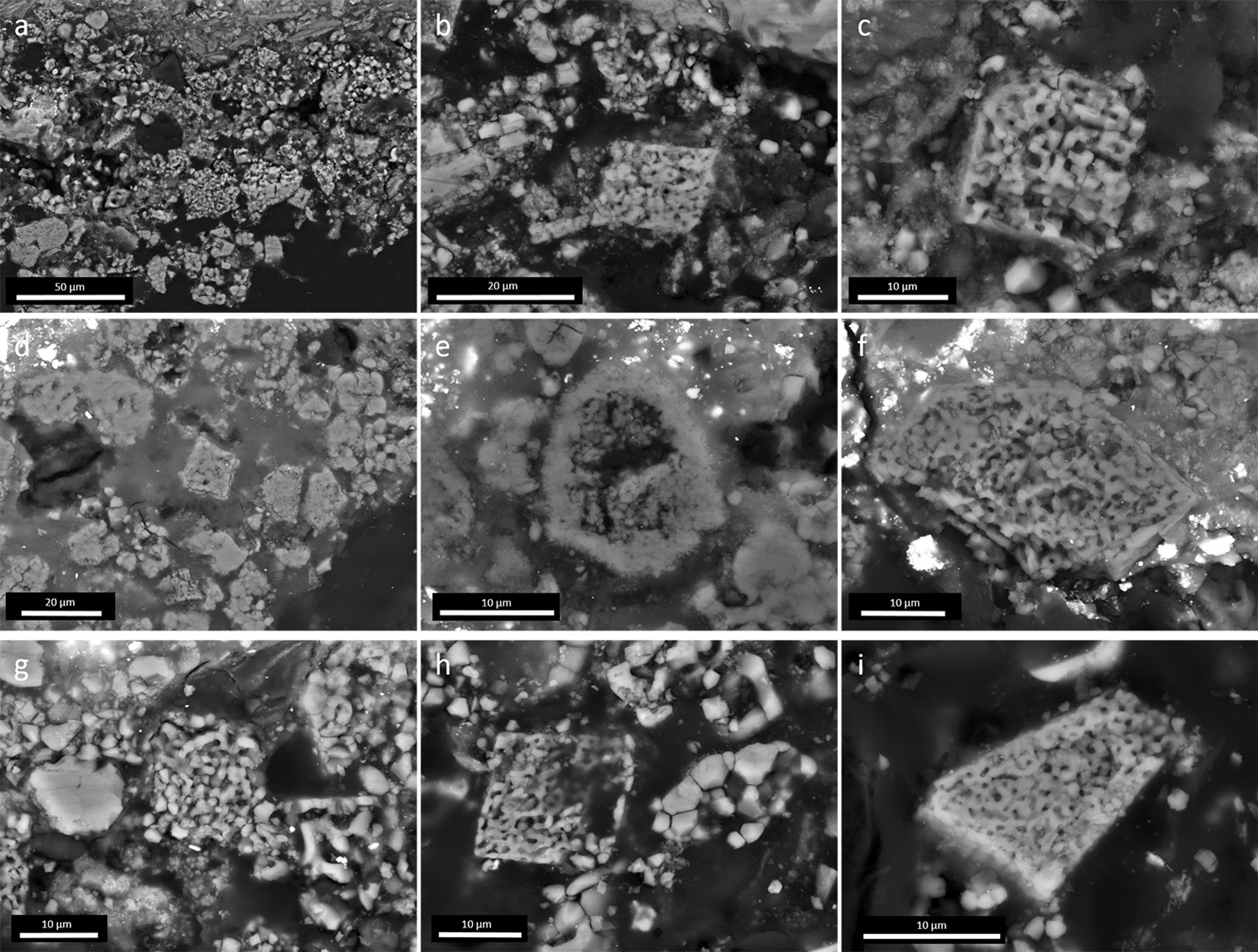 A three-by-three grid view of nine black and white scientific images of microscopic particle samples