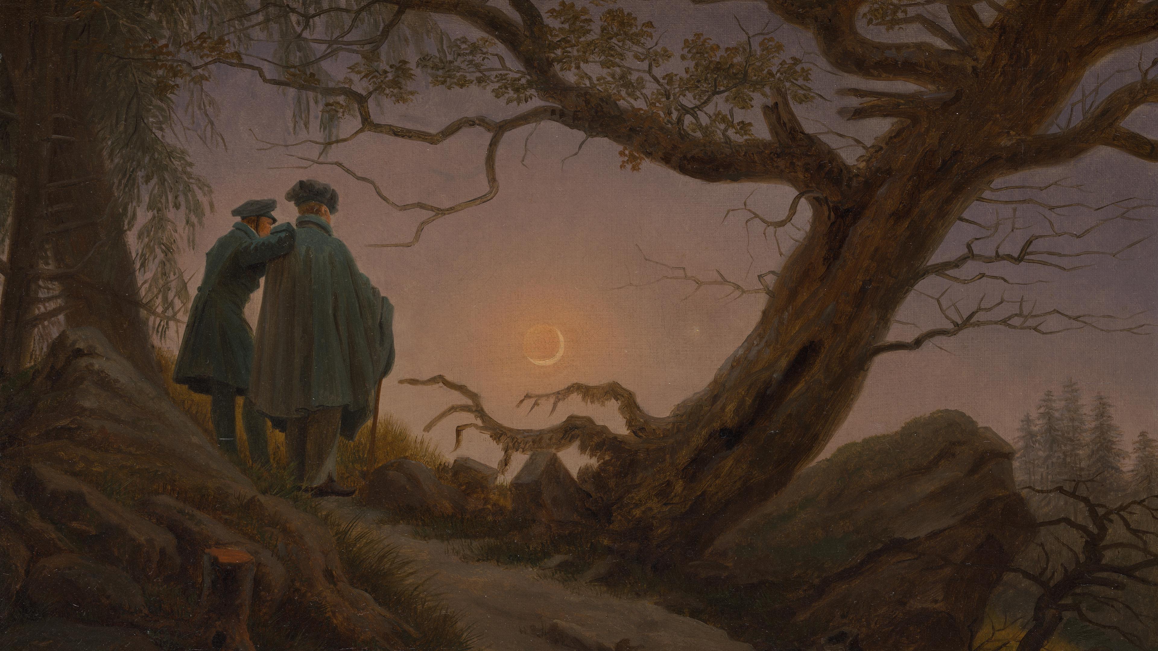 Painting of two standing together, looking at the moon before a leaning tree. 