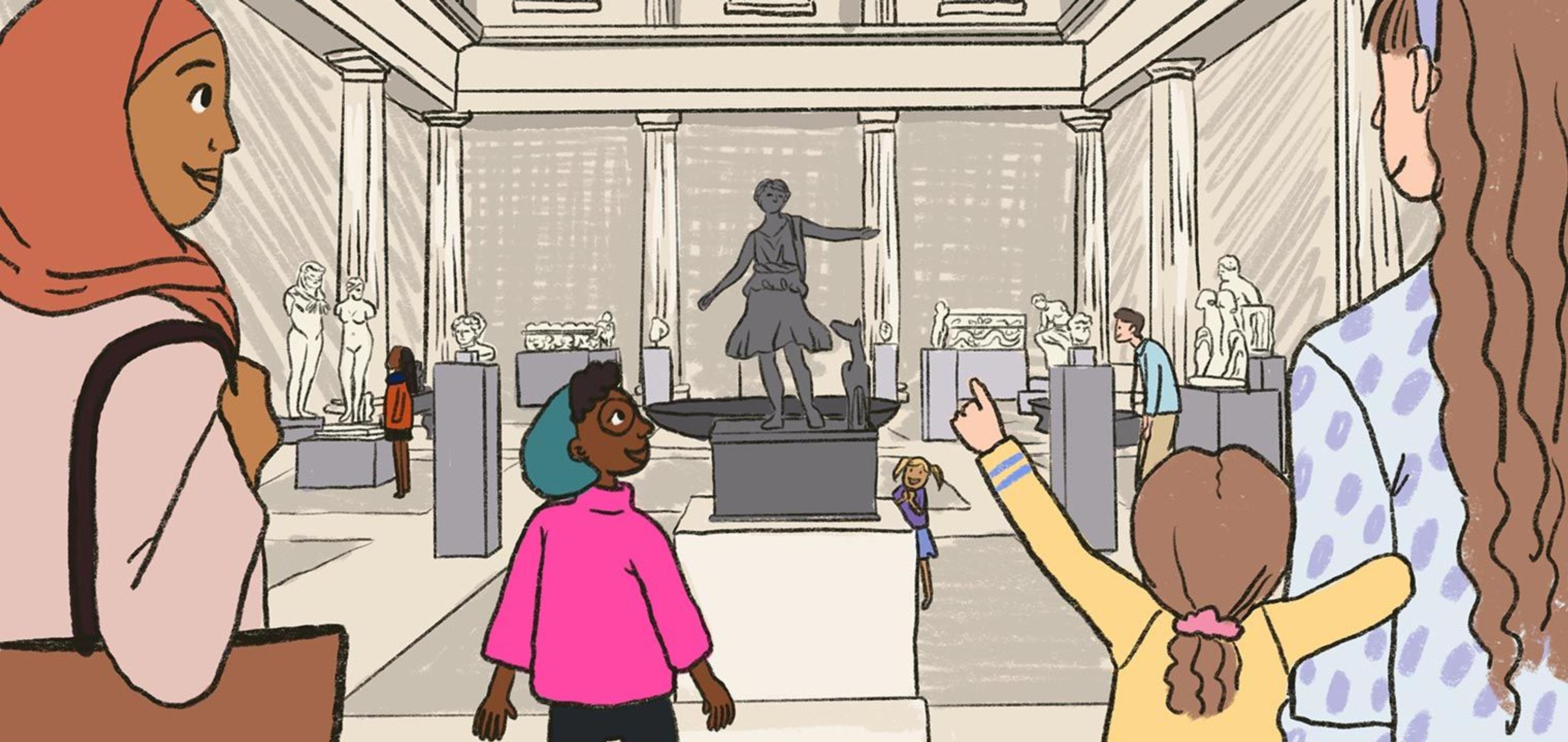 A drawing of a girl in The Met's Greek and Roman art gallery admiring a Roman statue of a young man in a toga standing beside a dog.