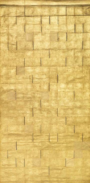 A vertical artwork made of gold leaf on Japanese paper