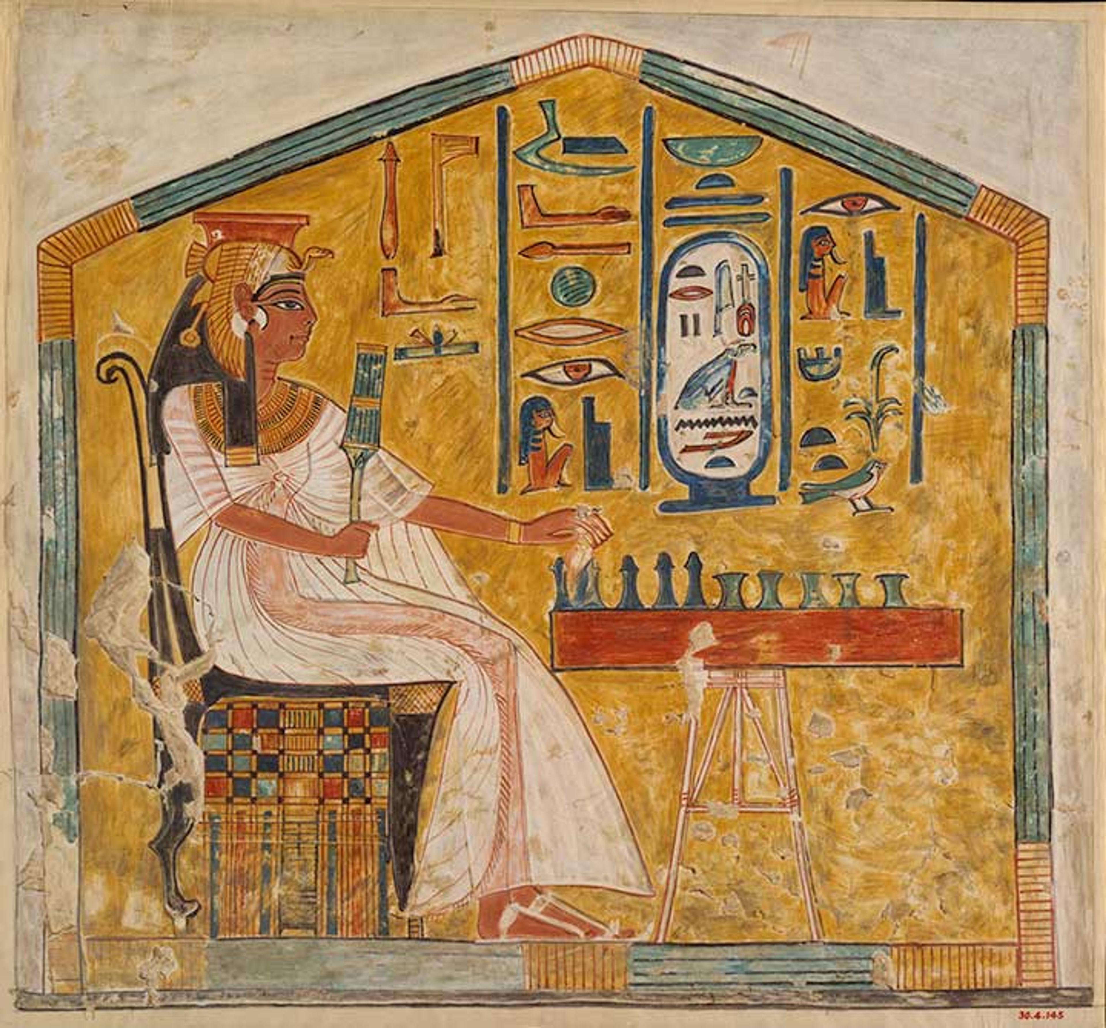 Queen Nefertarti playing Senet. Tempera copy painted at the tomb of Nefertari by Nina de Garis