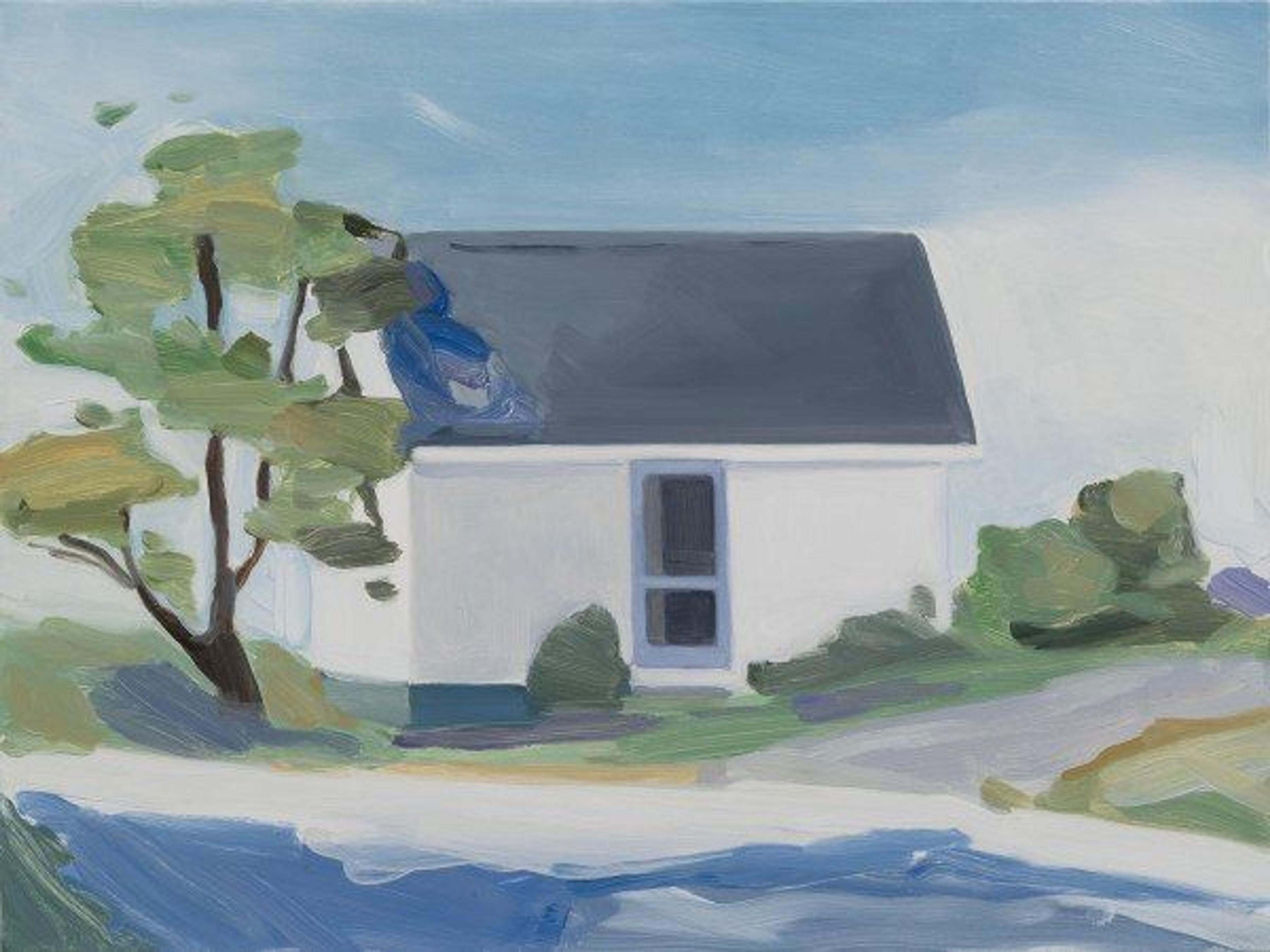 A painting of a white house and a tree by artist Maureen Gallace