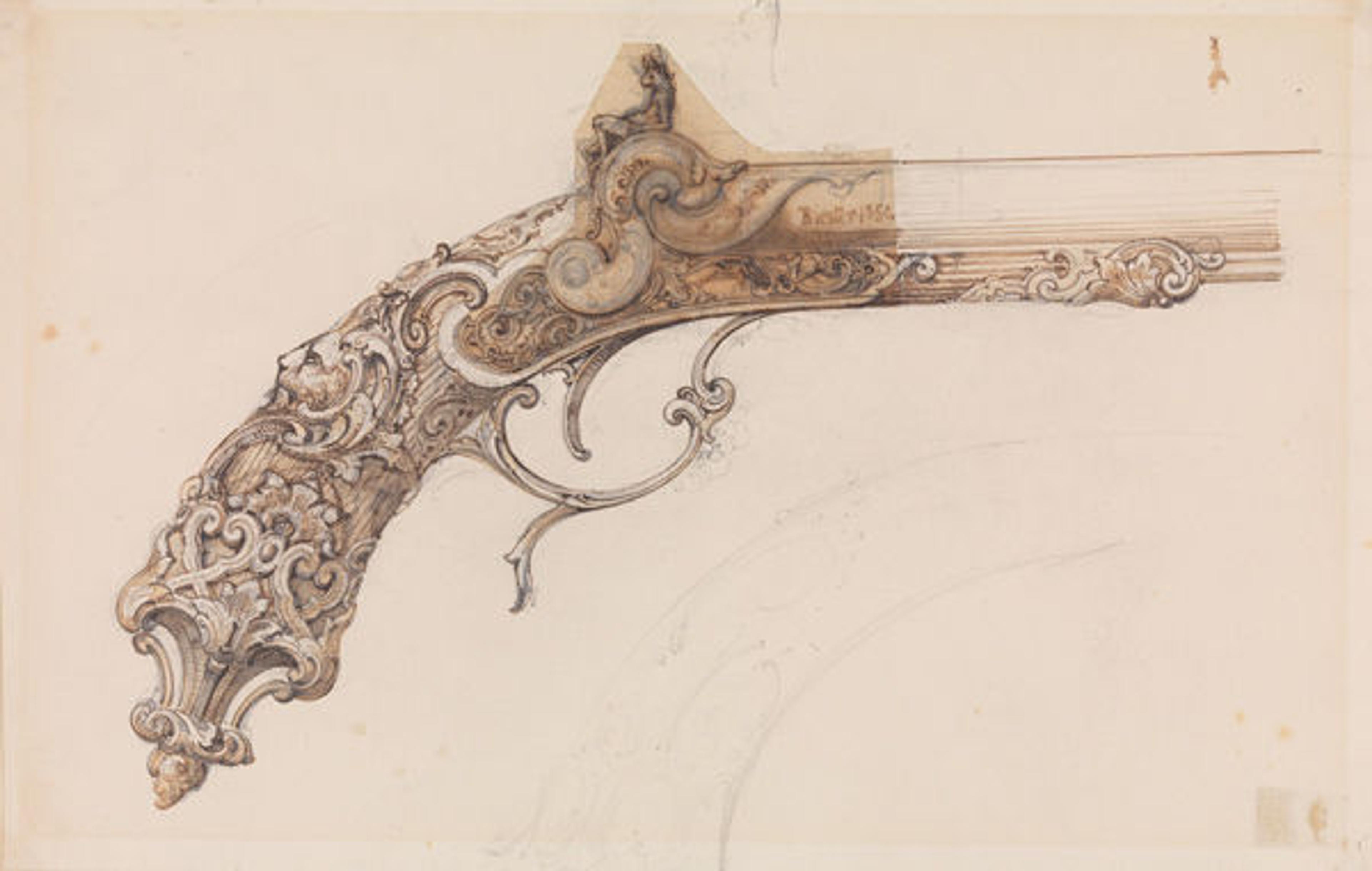 Martin Riester, French, 1819-1883, Design for a Percussion Pistol