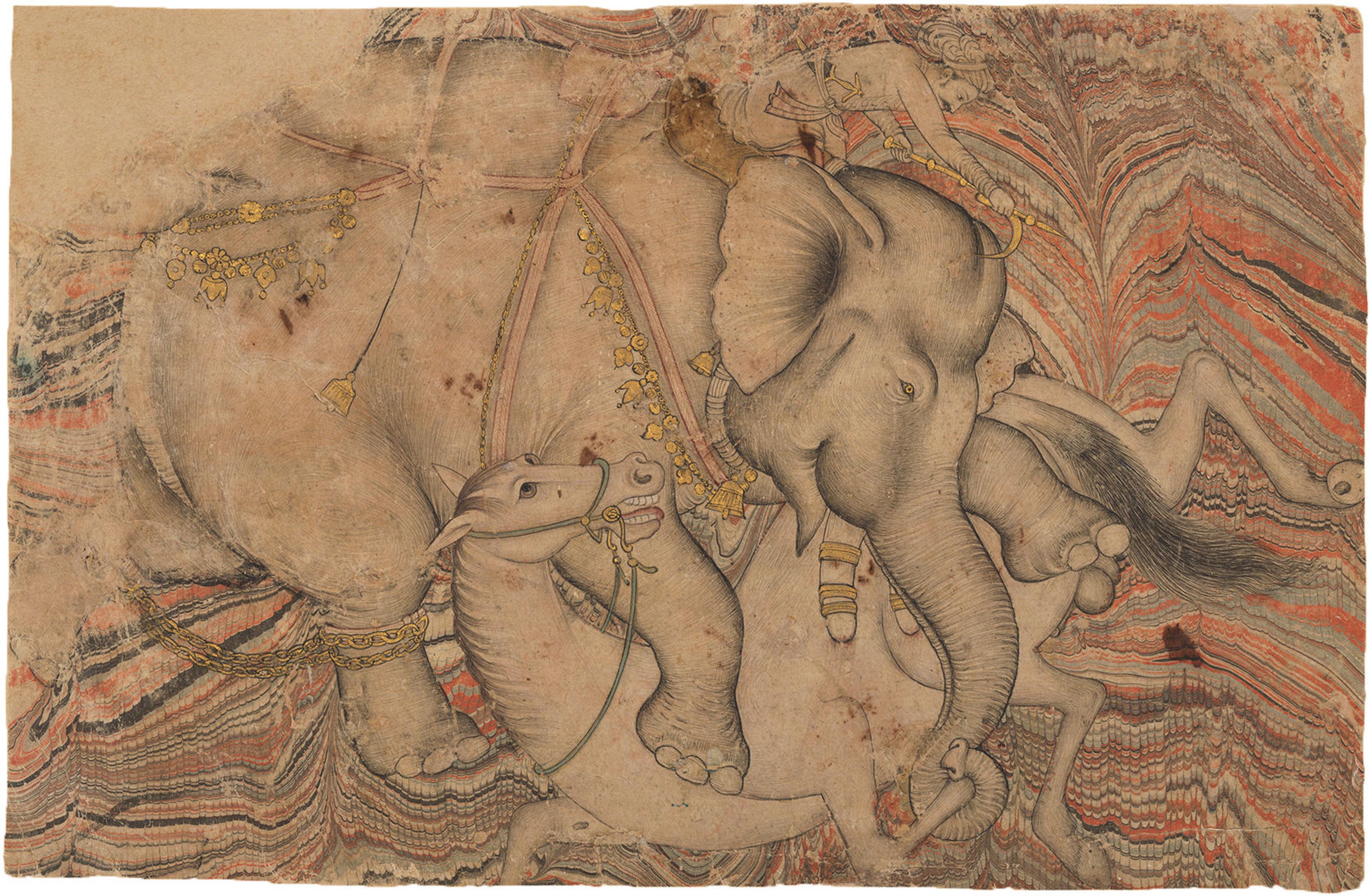 painting of an elephant trampling a horse