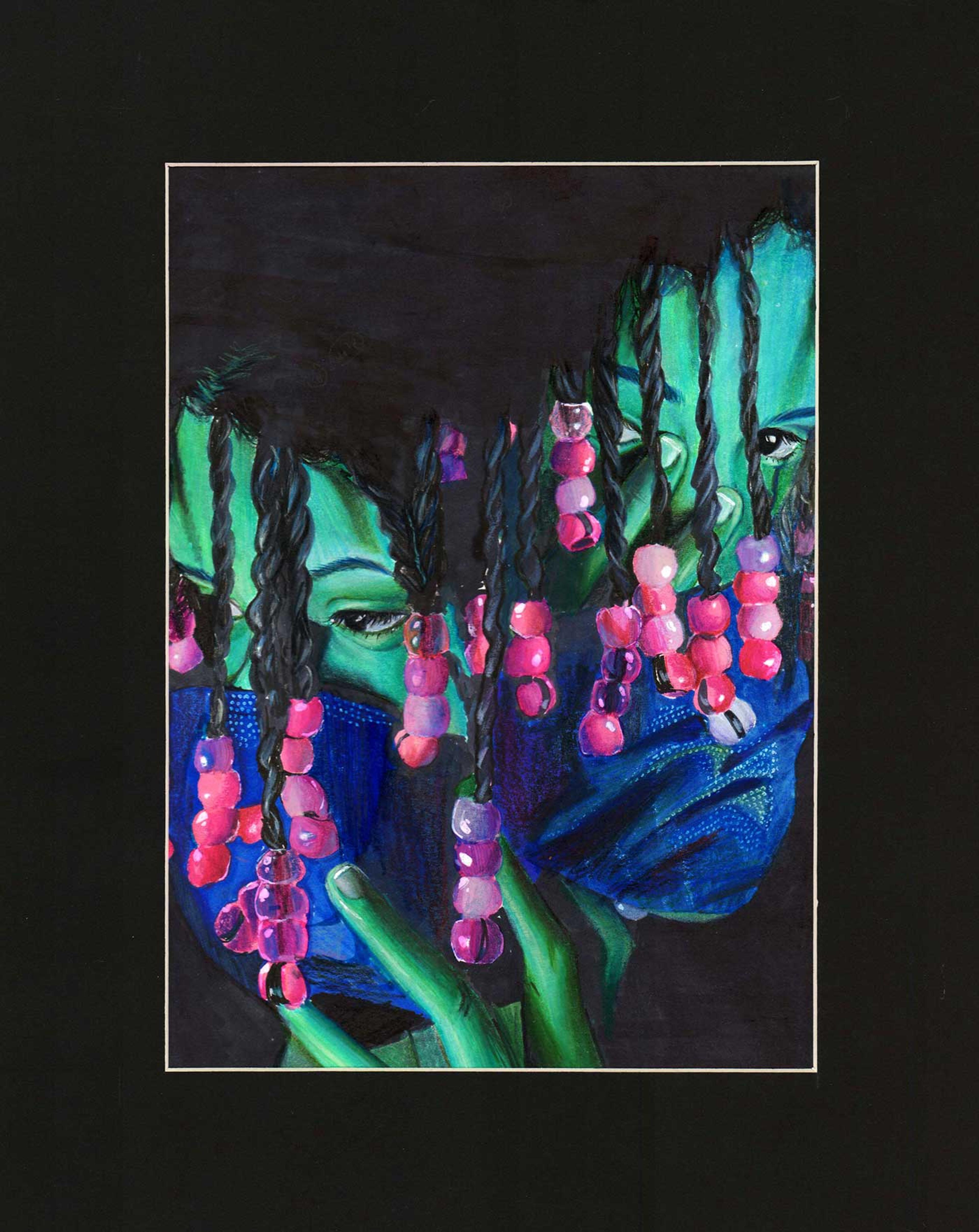 Drawing of two faces wearing blue masks with pink beads in their hair.