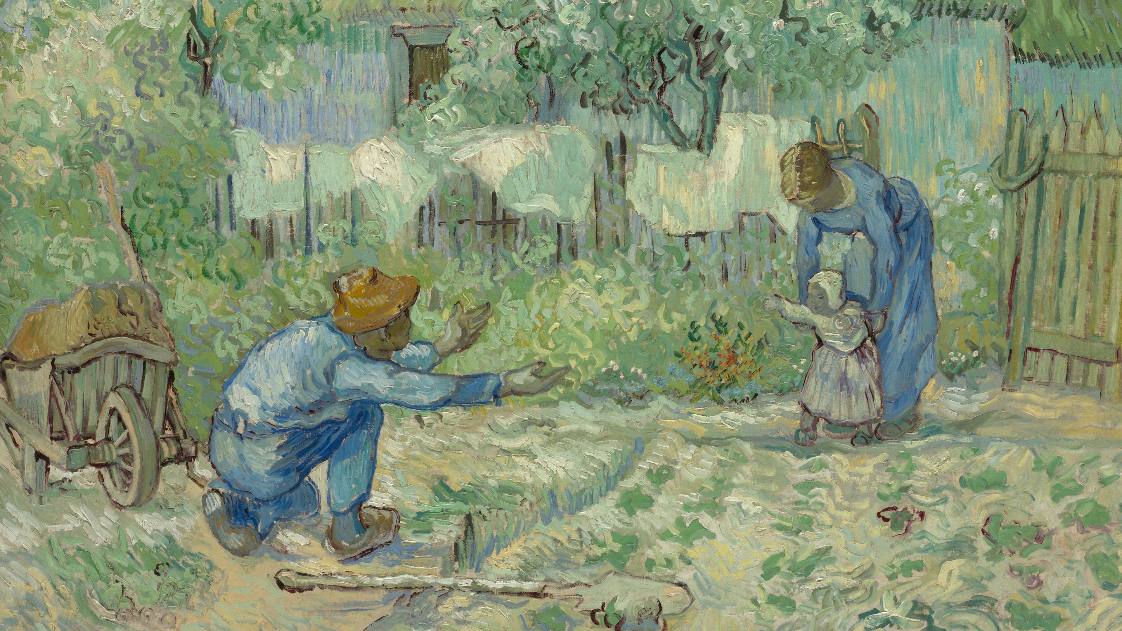 Tender painting of a woman holding a child who's reaching towards a man with outstretched arms.